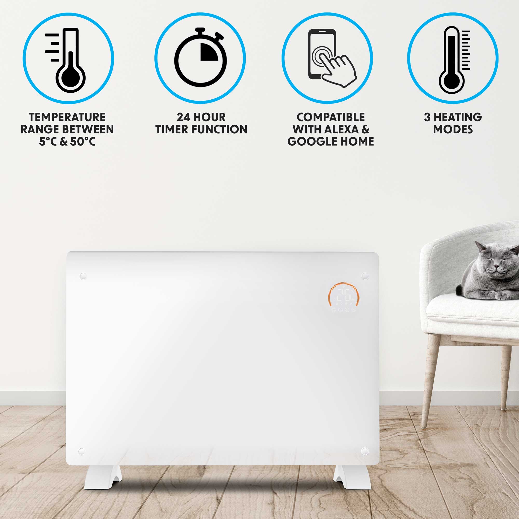 Baridi DH140 Glass Panel Heaters Action shot - temperature - range - infographic