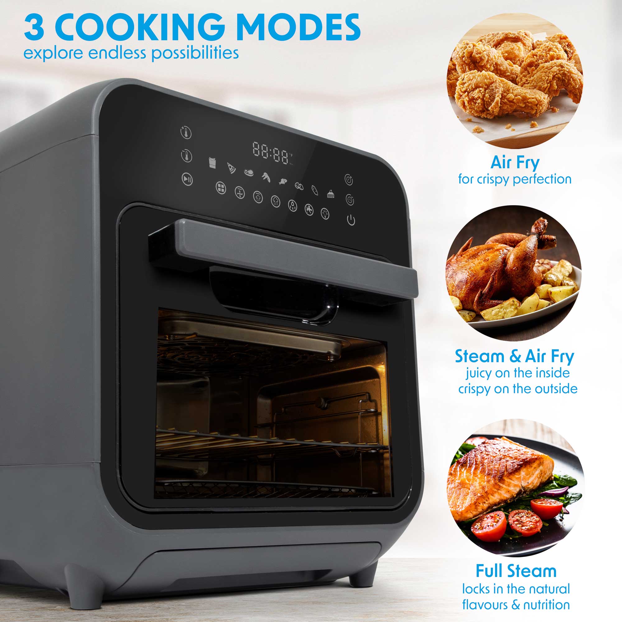 Baridi DH171 Air Fryer Action shot - infographic - cooking - modes