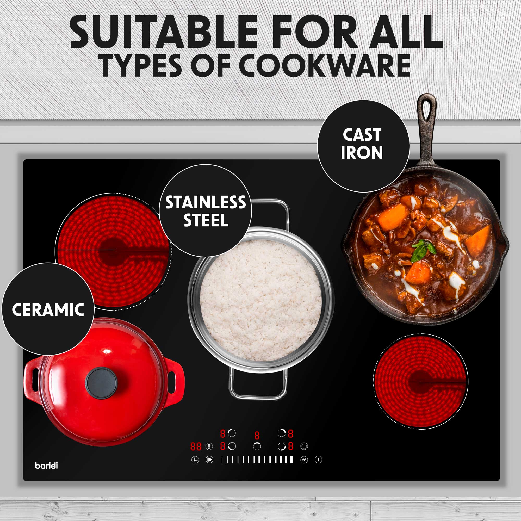 Baridi DH175 Ceramic Hob Action shot - suitable - cookwsare - infogtaphics