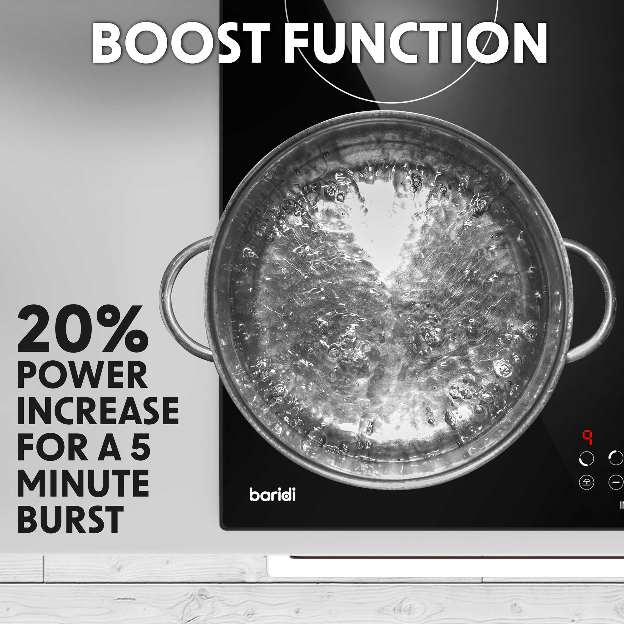 Baridi DH176 Induction Hobs Action shot - boost - function - infographics