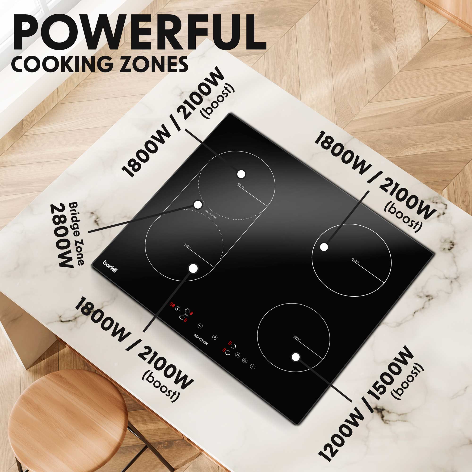 Baridi DH178 Induction Hobs Action shot - cooking - zones - 2nd perspective