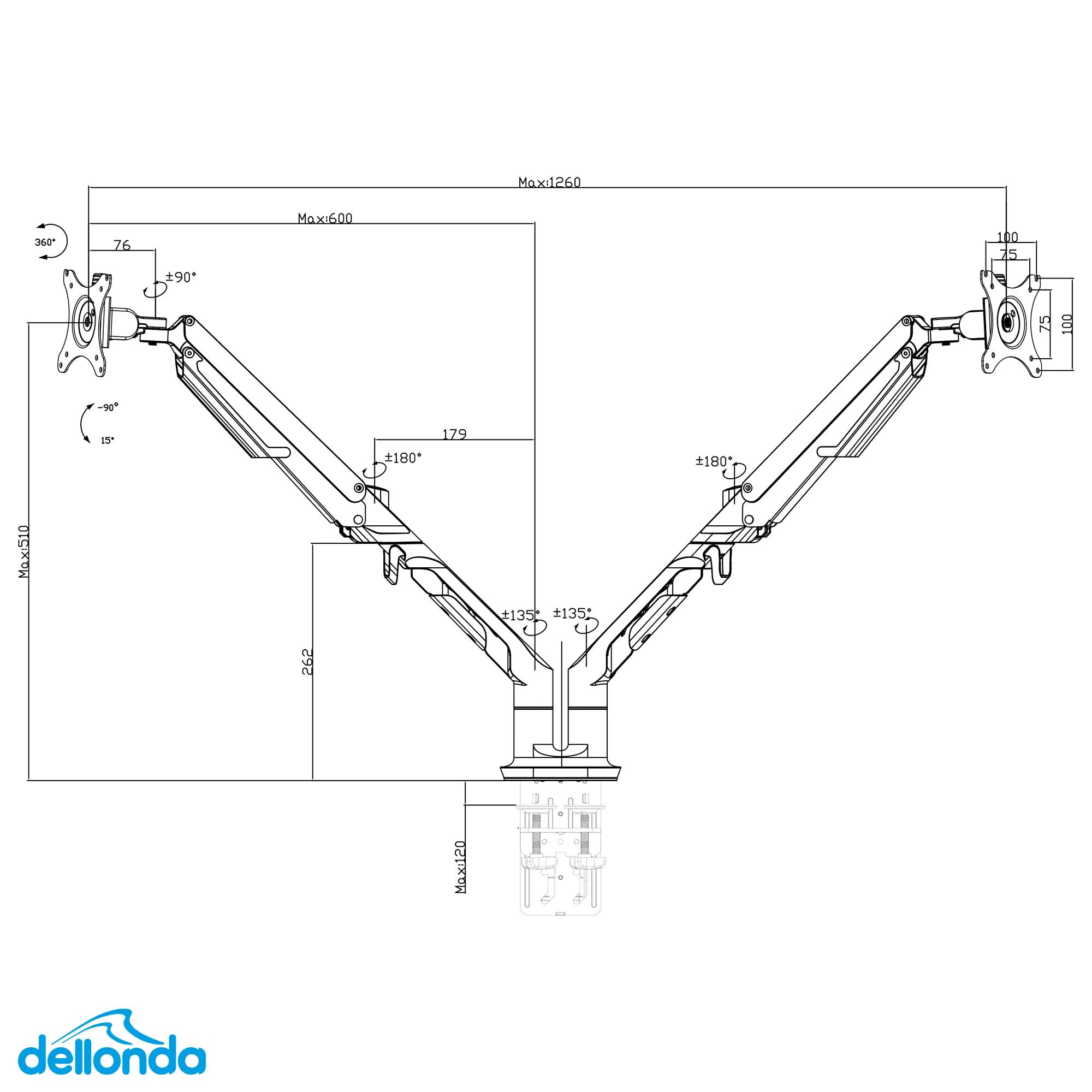 Dellonda DH27 Monitor Arms Action shot - line - dimensions