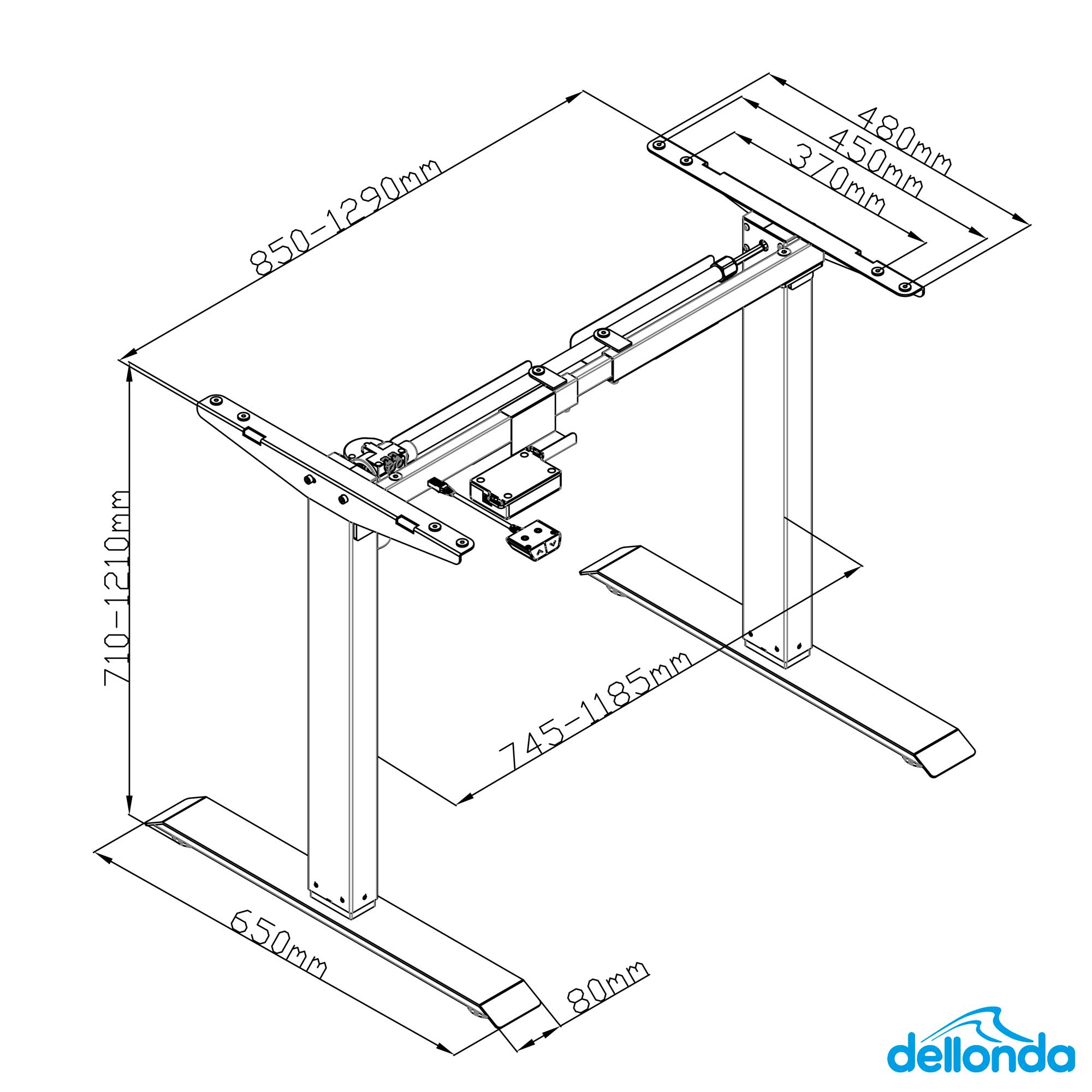 Dellonda DH64 Adjustable Desk Action shot - line - dimensions
