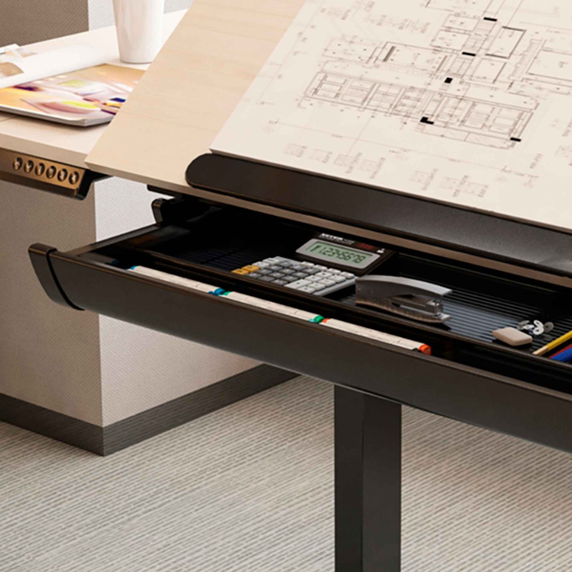 Dellonda DH71 Electric Drawing Table Action shot - drawer - close