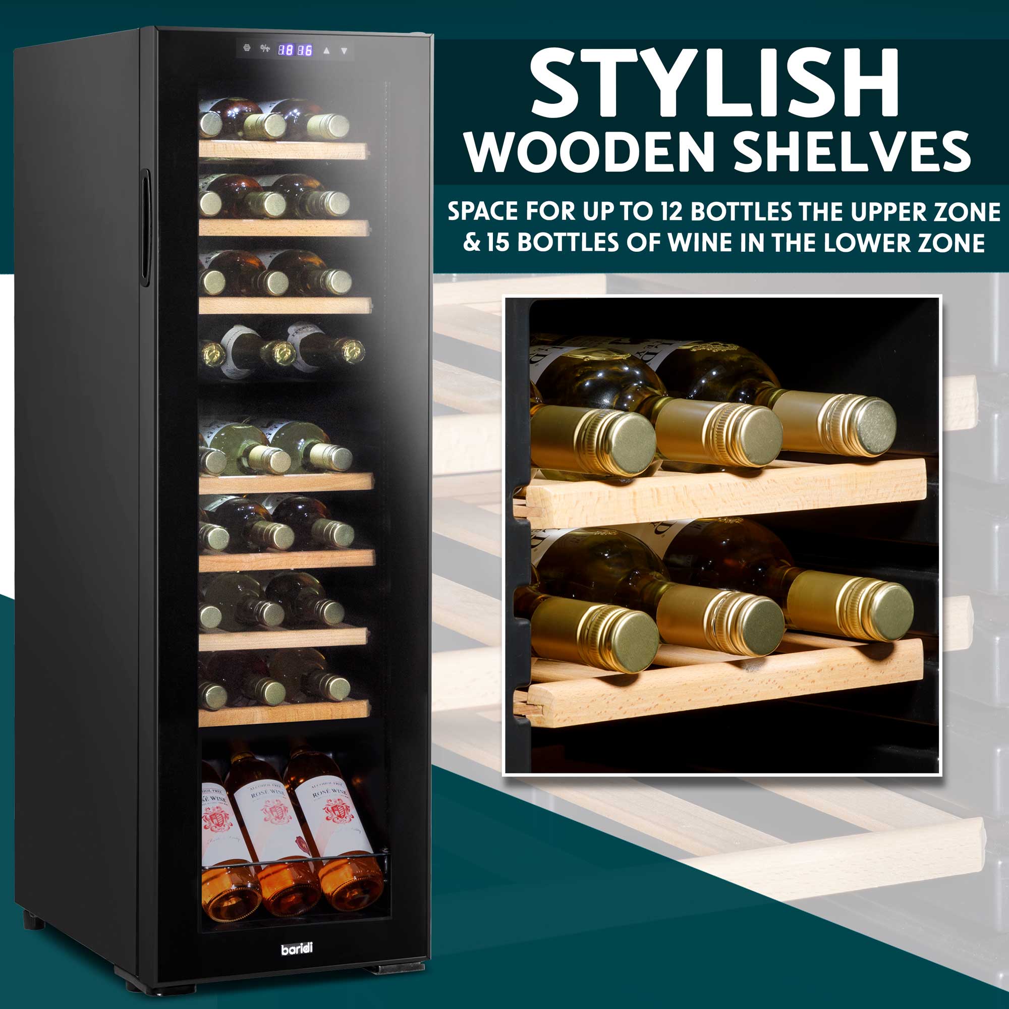 Baridi DH90 Wine Fridges Action shot - wooden - shelves