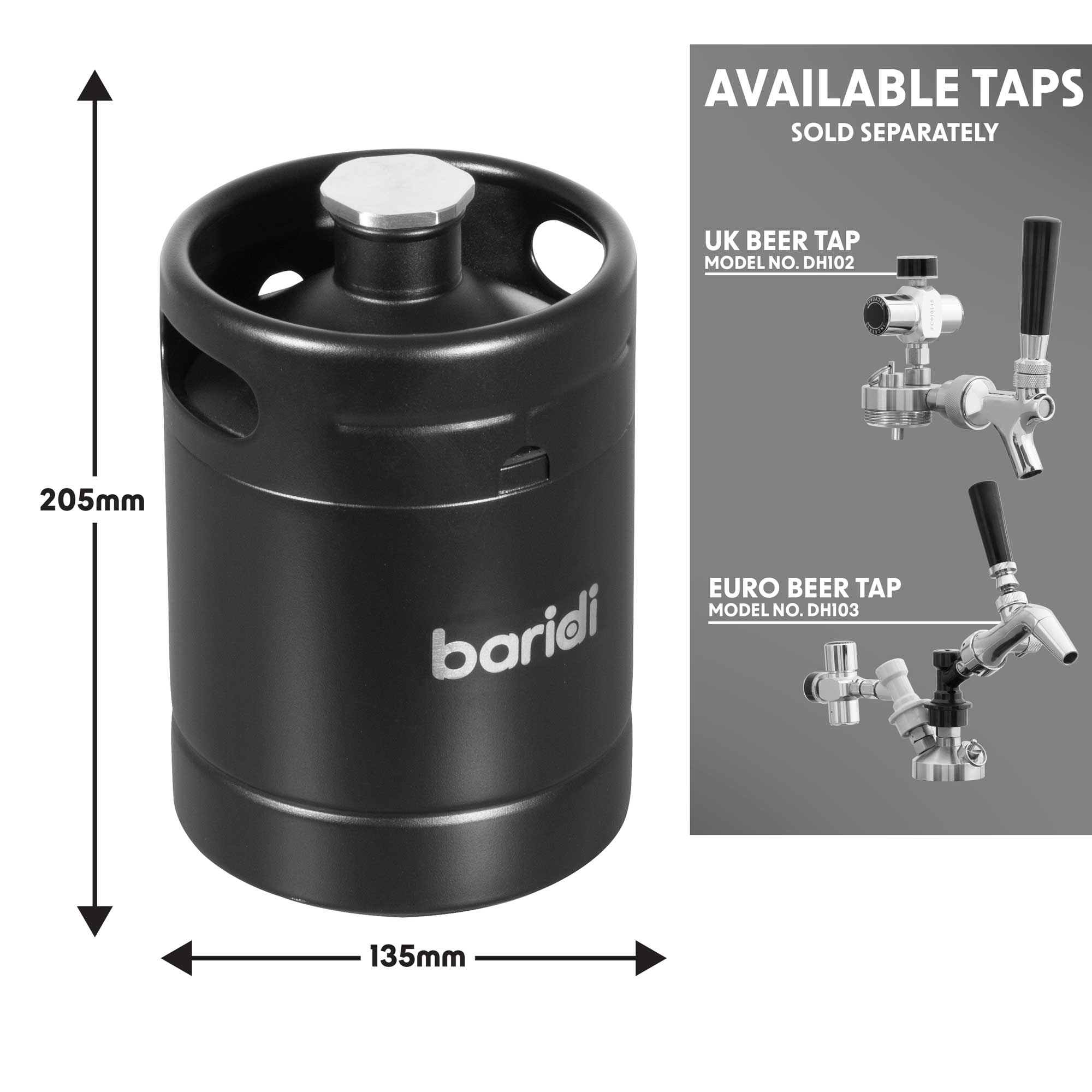 Baridi DH99 Beer Keg Action shot - dimensions