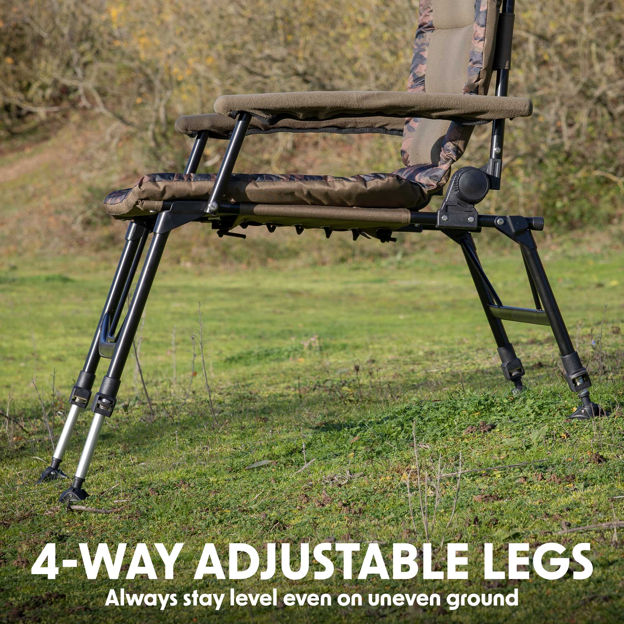 Dellonda DL73 Fishing Chair Action shot - adjustable - legs - infographic