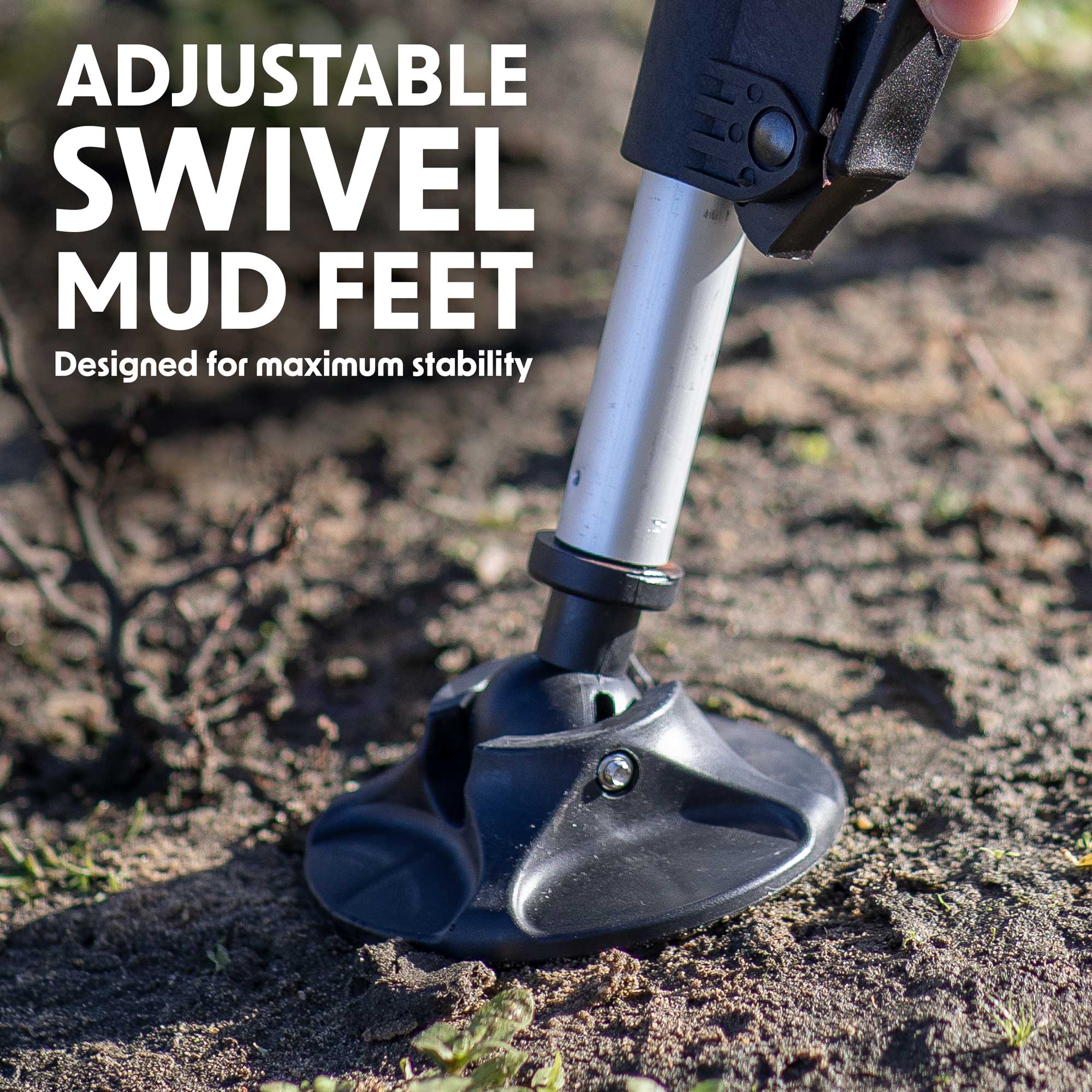 Dellonda DL74 Fishing Chair Action shot - mud - feet - infographic