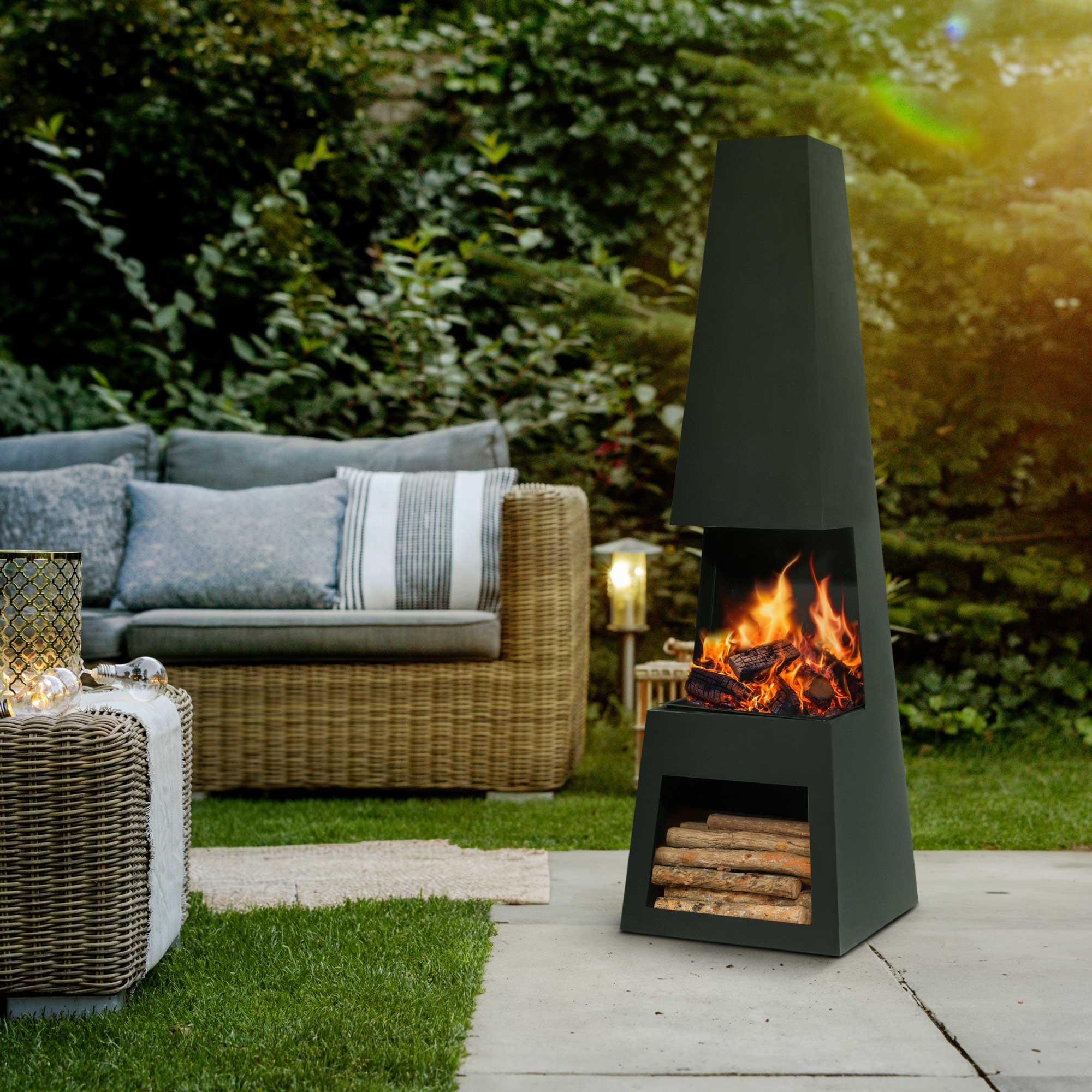 Dellonda Outdoor Chiminea with Firewood Storage - Black Steel
