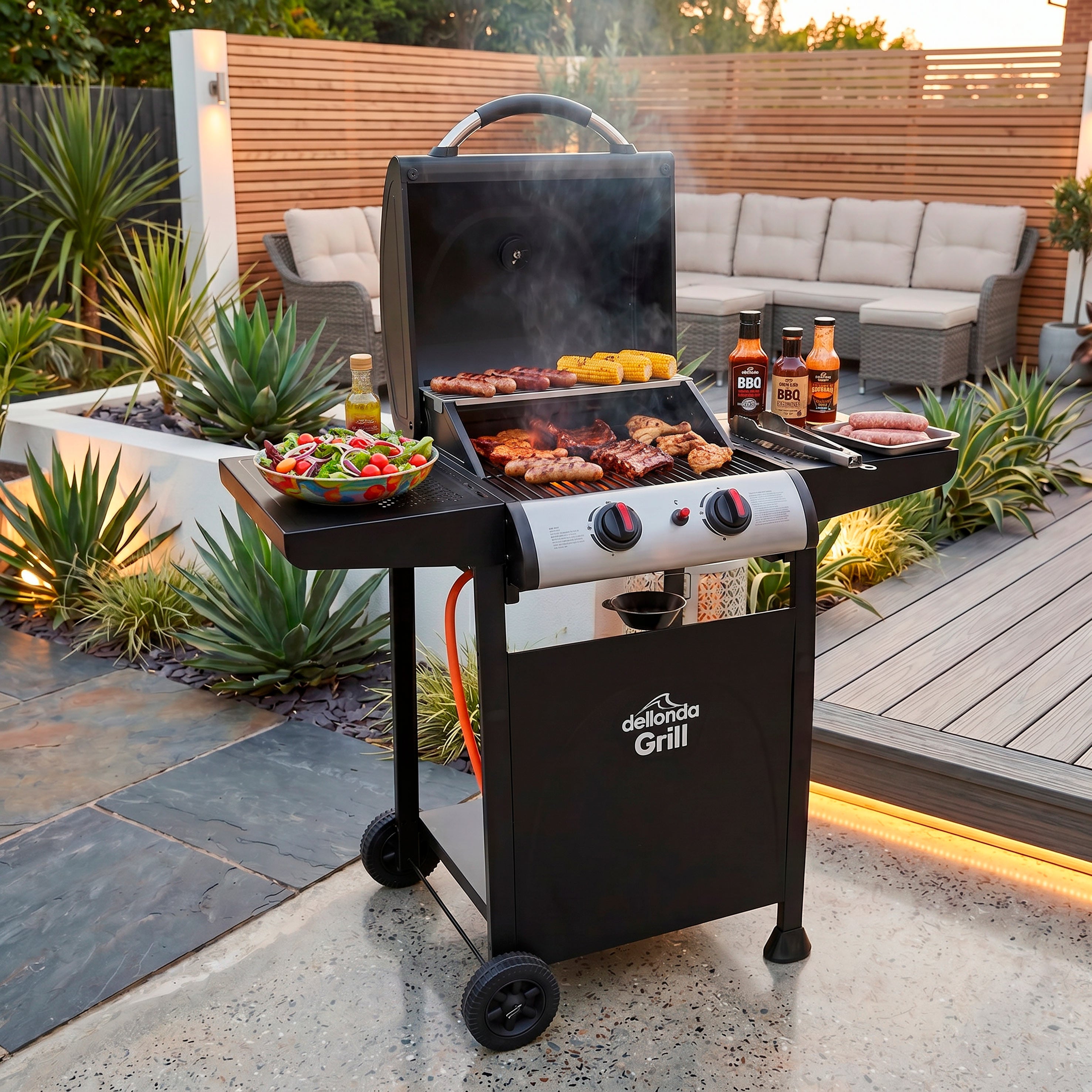 2 Burner Gas BBQ Grill with Piezo Ignition, Built-In Thermometer, Black/Stainless Steel - DG13