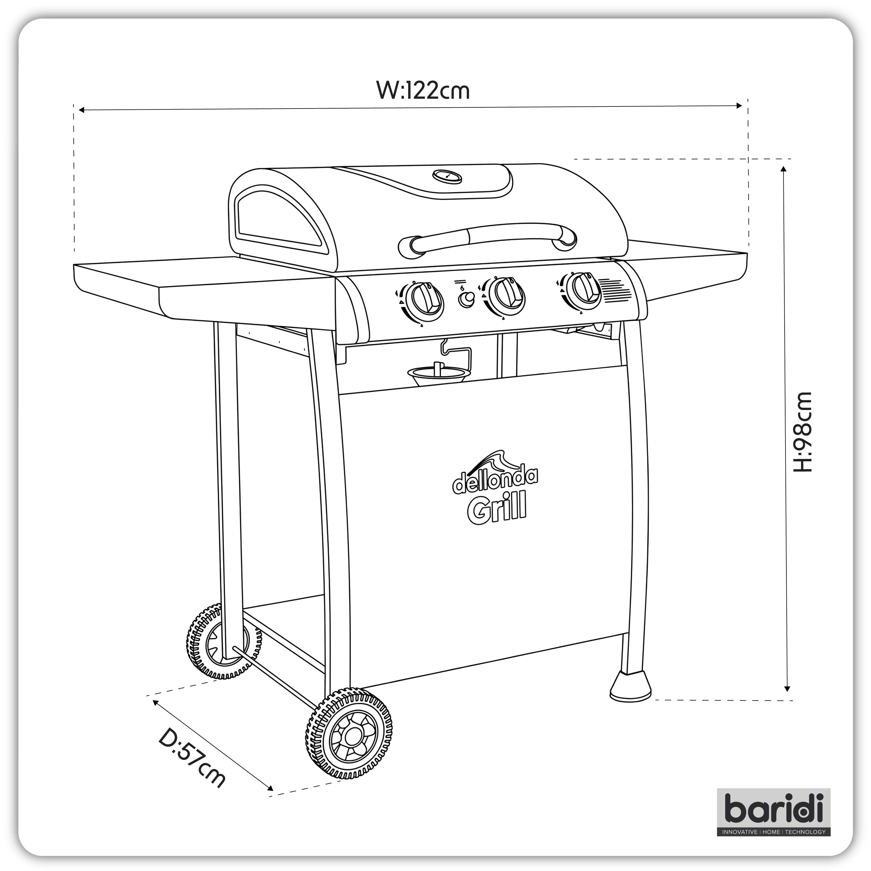 3 Burner Gas BBQ Grill, Piezo Ignition, Built-In Thermometer & Cover, Black/Stainless Steel - DG228