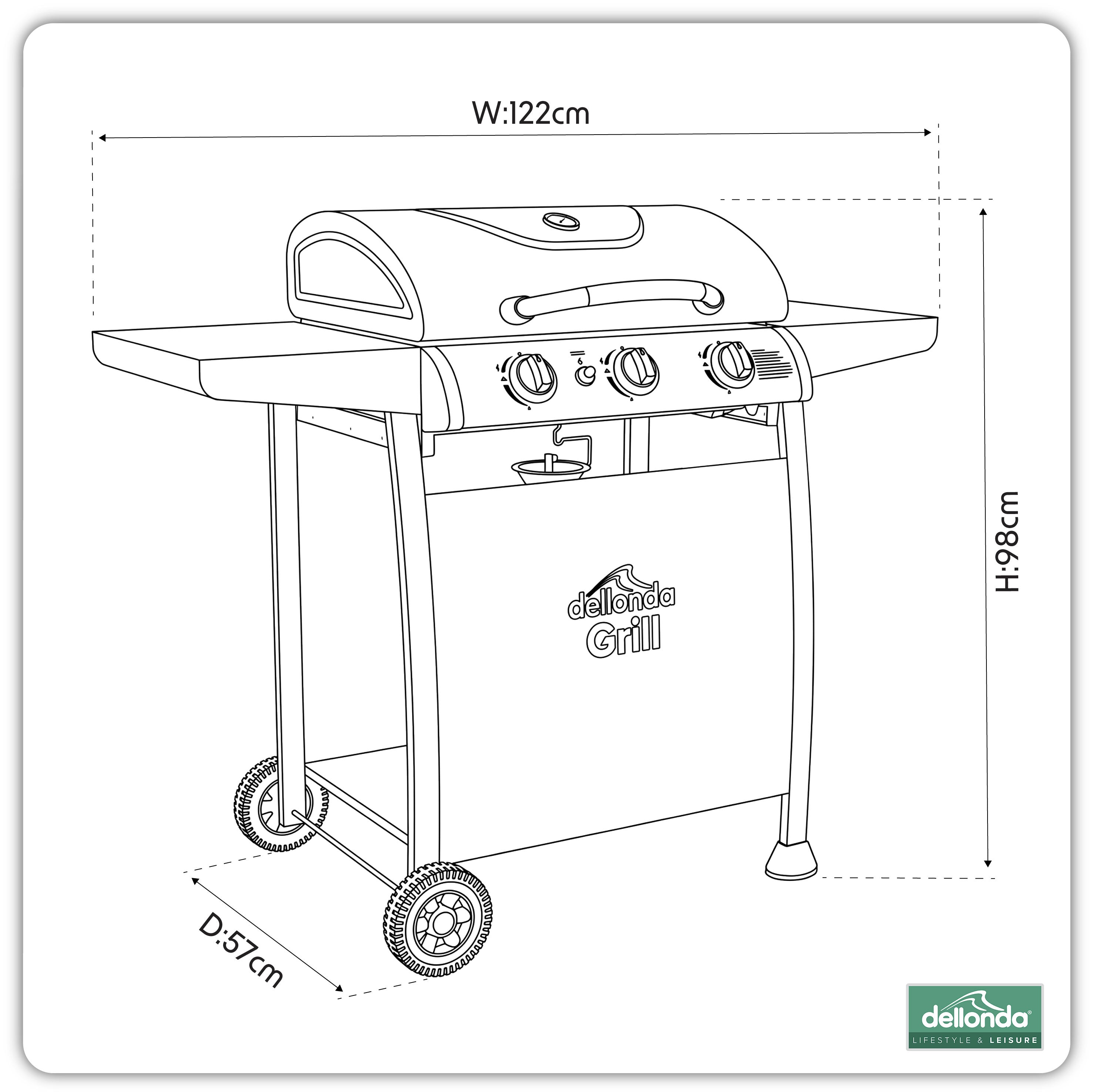 3 Burner Gas BBQ Grill with Piezo Ignition, Built-In Thermometer, Black/Stainless Steel - DG14