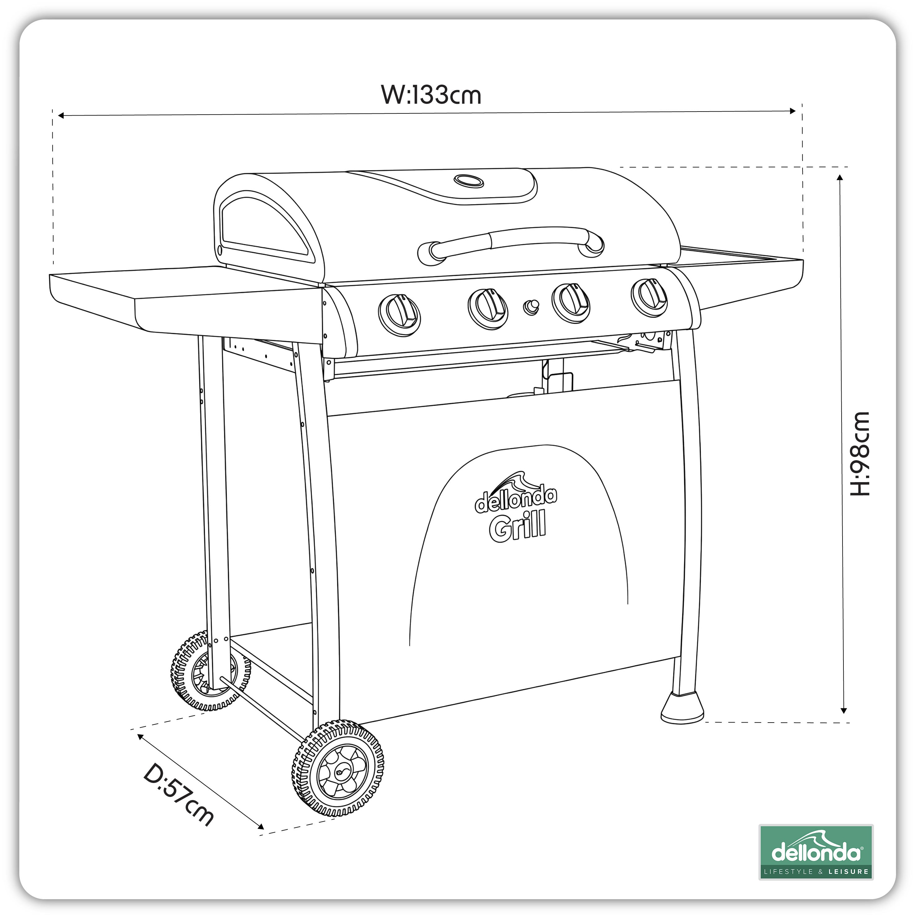 4 Burner Gas BBQ Grill with Piezo Ignition, Built-In Thermometer, Black/Stainless Steel - DG15