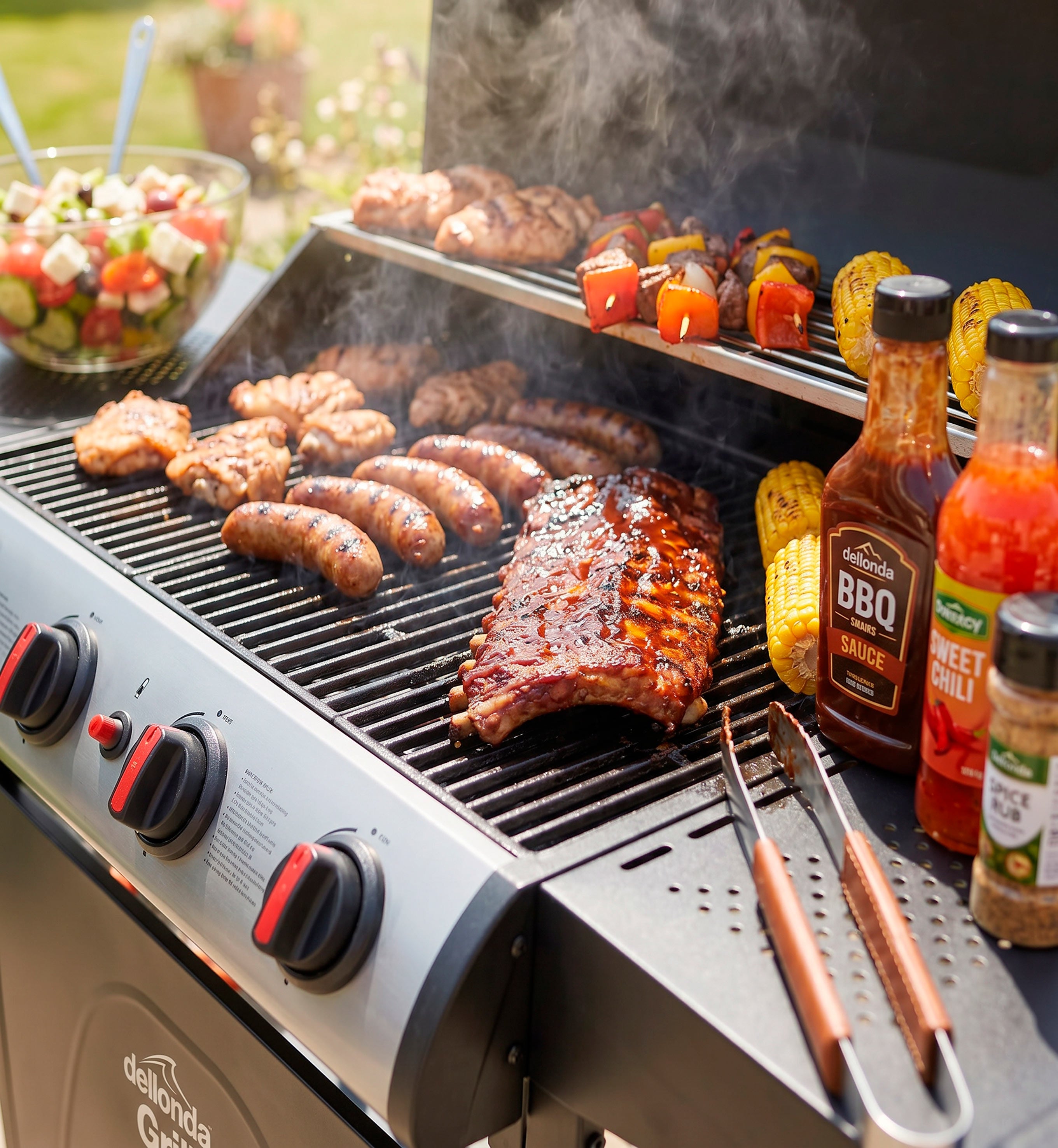 4 Burner Gas BBQ Grill with Piezo Ignition, Built-In Thermometer, Black/Stainless Steel - DG15