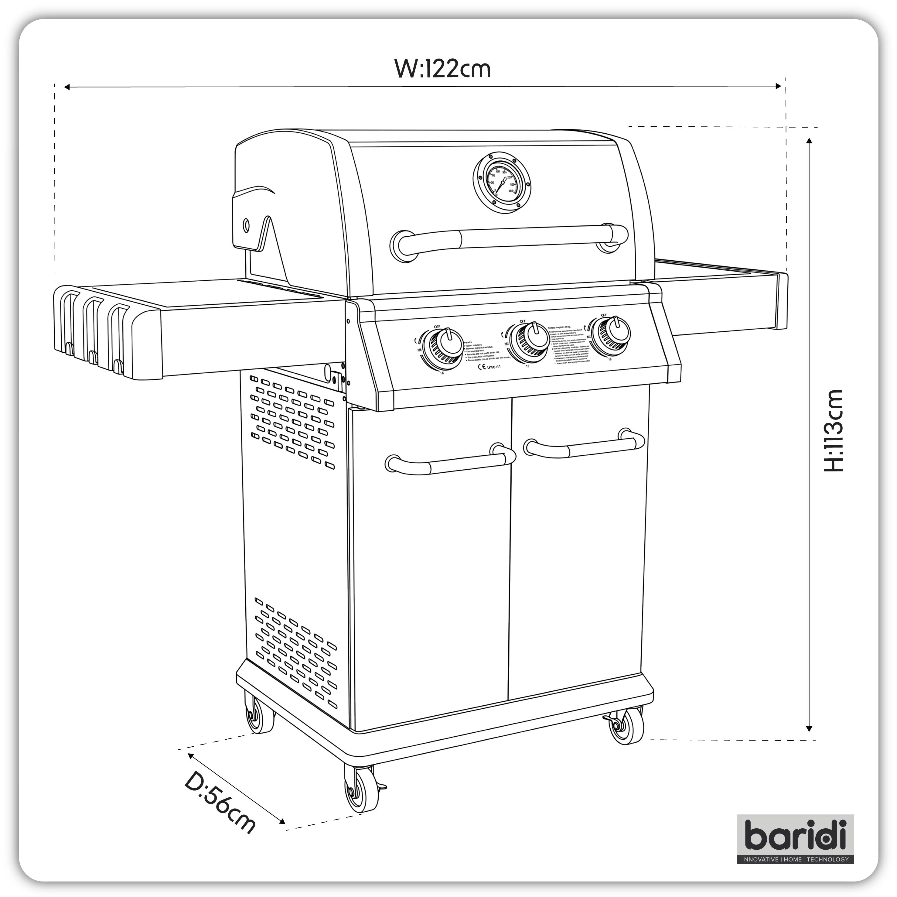 3 Burner Deluxe Gas BBQ Grill with Piezo Ignition, Water Resistant Cover, Stainless Steel - DG230