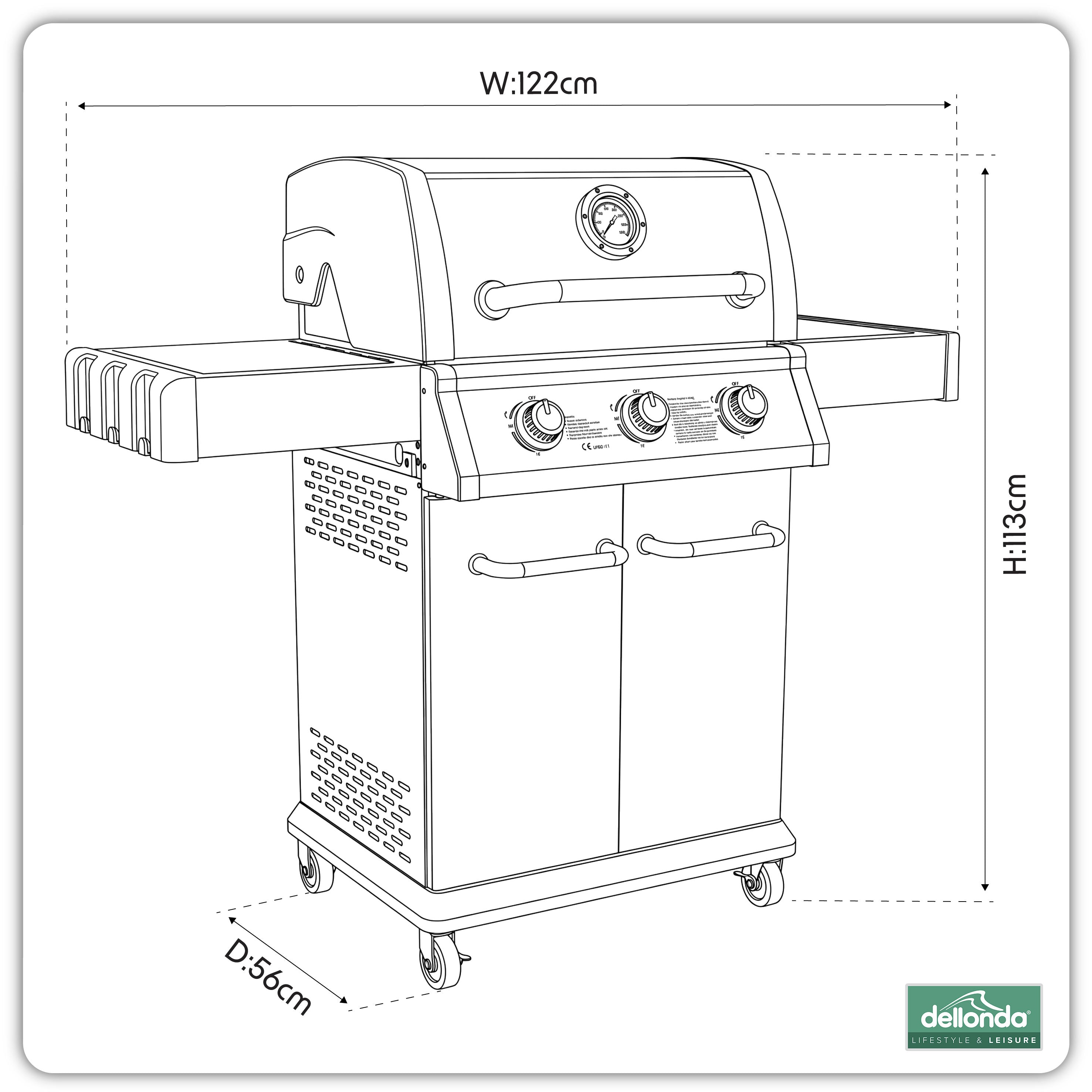3 Burner Deluxe Gas BBQ Grill with Piezo Ignition, Stainless Steel - DG16
