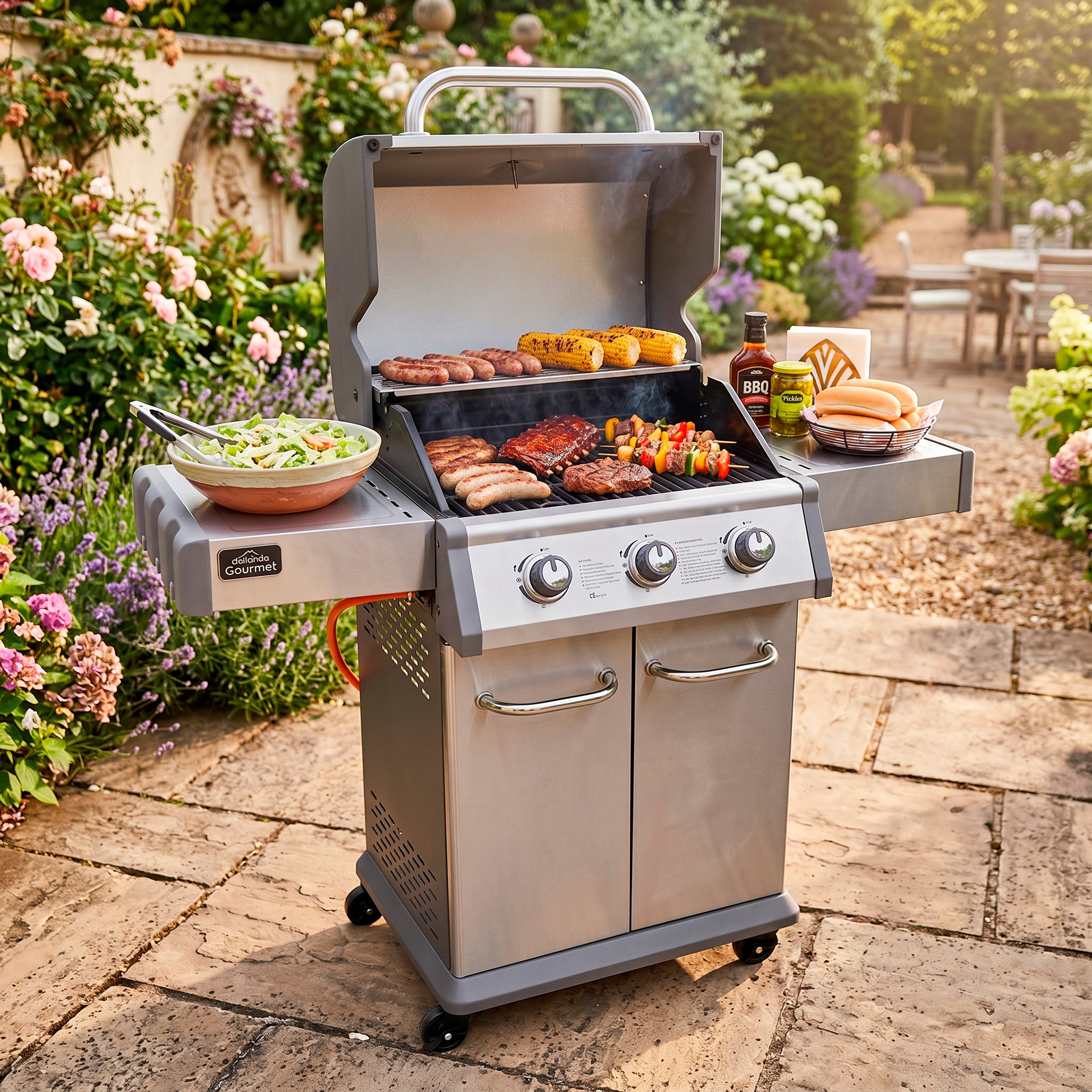 3 Burner Deluxe Gas BBQ Grill with Piezo Ignition, Stainless Steel - DG16