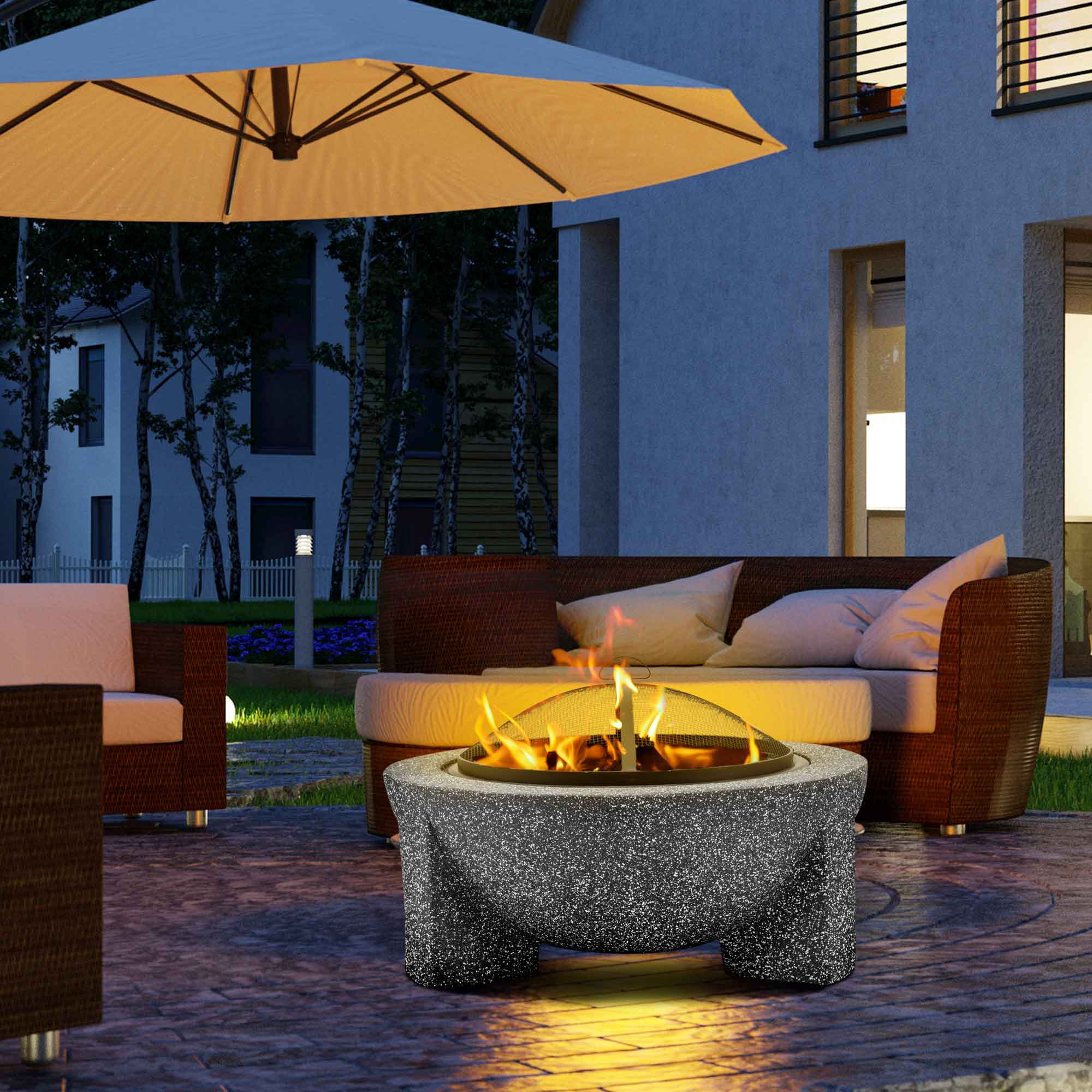 Round MgO Fire Pit with BBQ Grill, Ø75cm, Safety Mesh Screen, Dark Grey - DG191