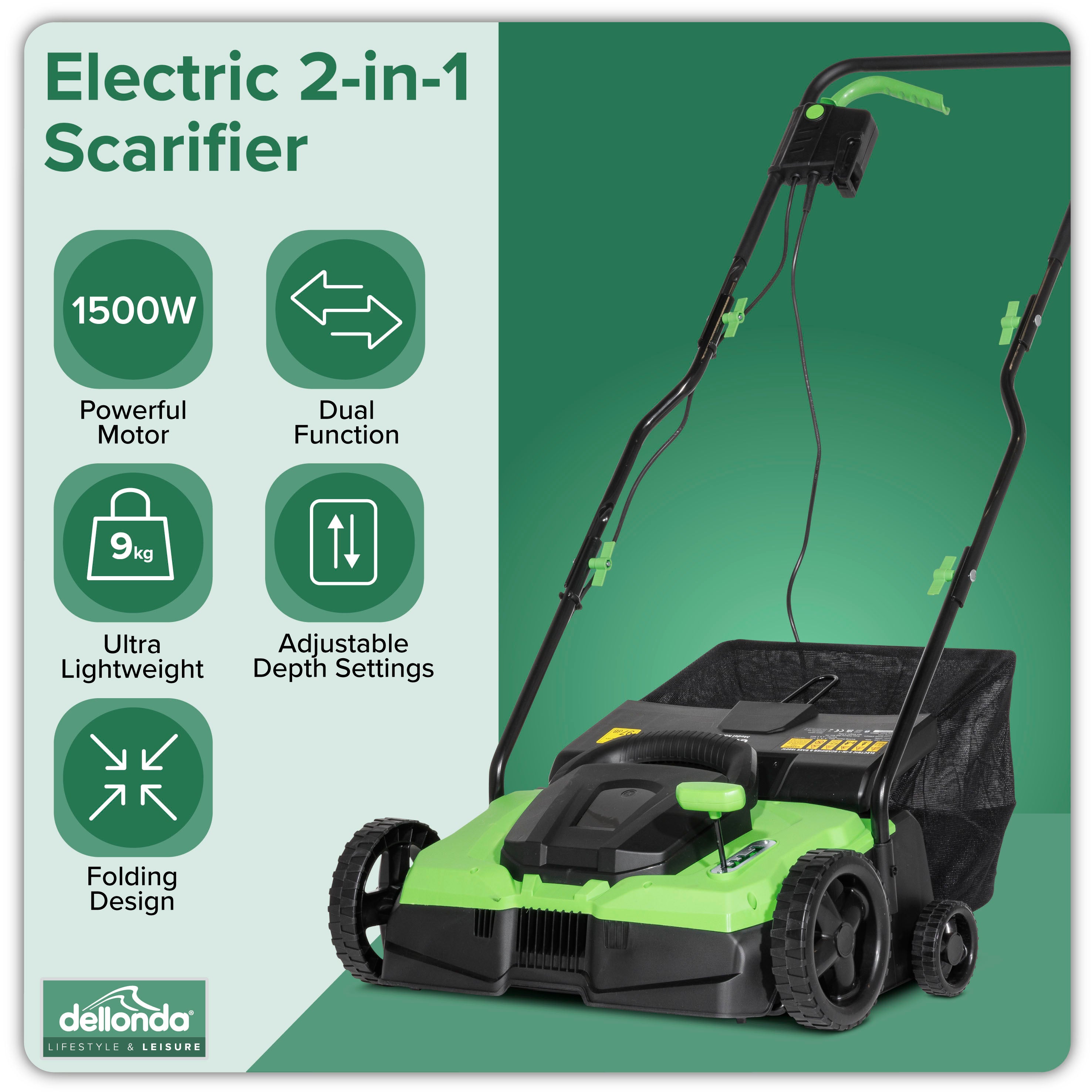 1500W Electric 2-in-1 Scarifier, 4-Heights, 36cm Cutting Width, 10m Cable - DG216