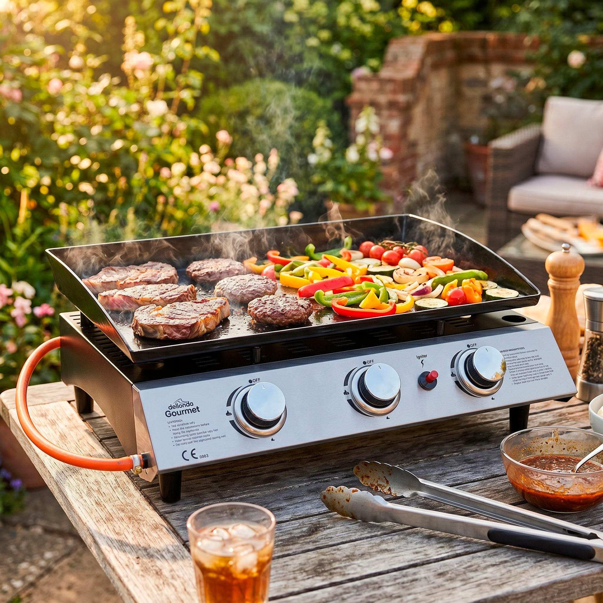 3 Burner Portable Gas Plancha 7.5kW BBQ Griddle with Cover, Stainless Steel - DG233