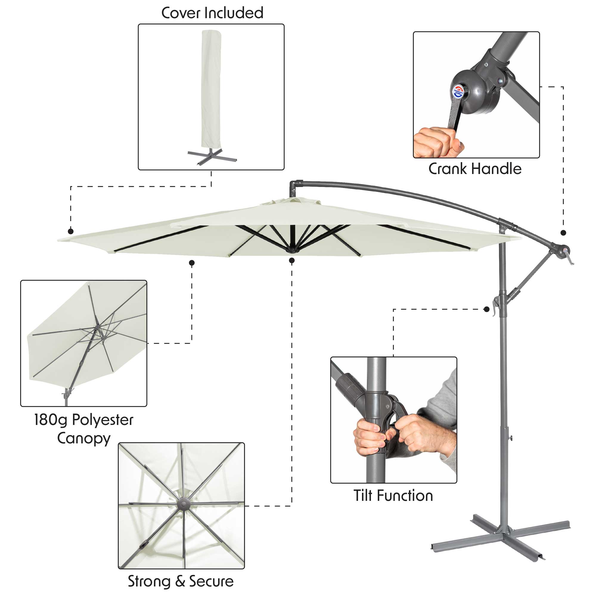 Ø3m Banana Parasol/Umbrella, Cover and Base Bundle, 8 Rib, Crank Handle, Cream Canopy - DG271