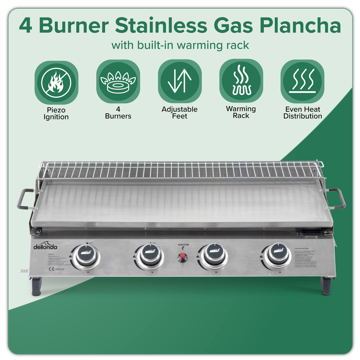4 Burner Portable Gas Plancha with Warming Rack 10kW & Heavy Duty Cover - DG311