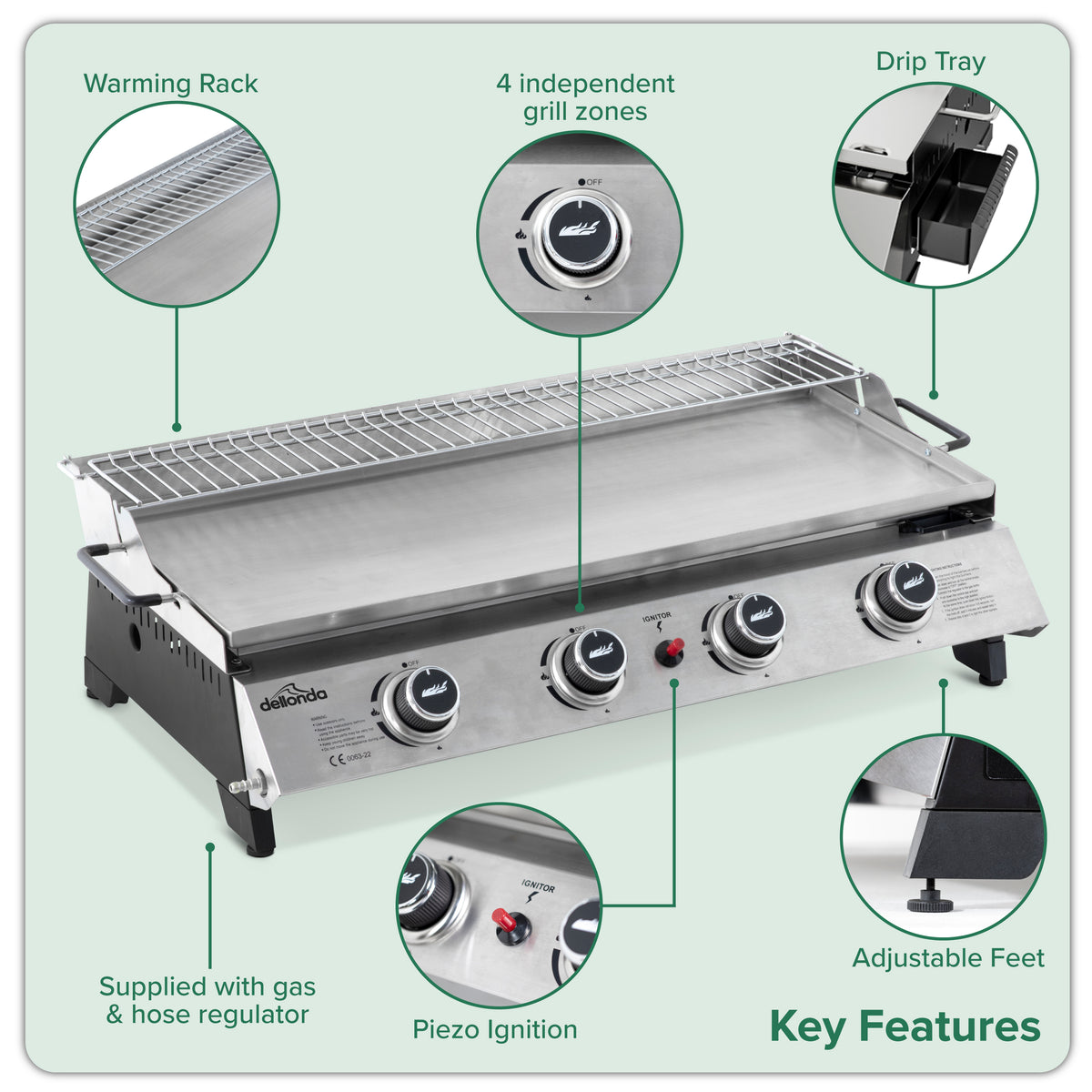 4 Burner Portable Gas Plancha with Warming Rack 10kW & Heavy Duty Cover - DG311