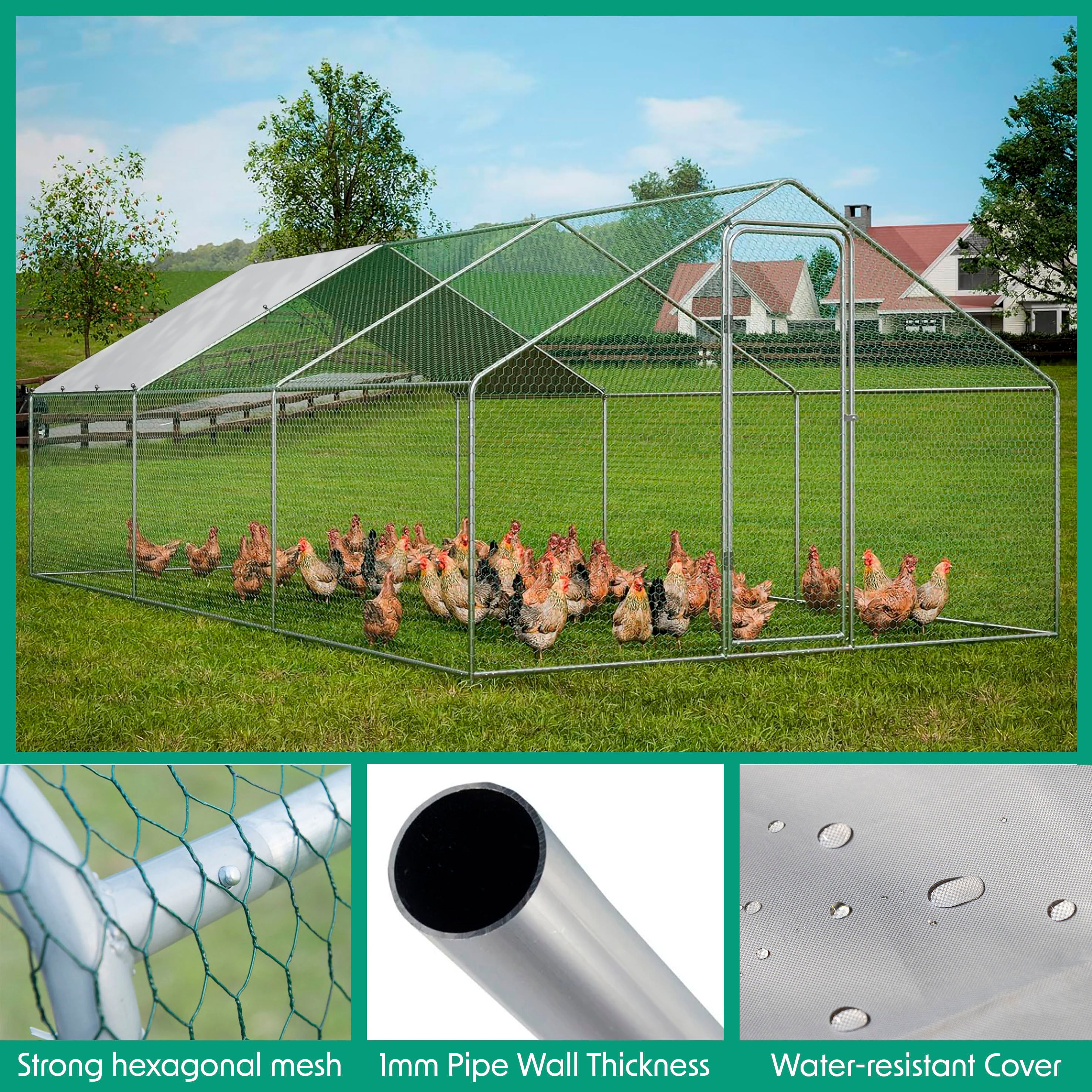 3x6x2m Walk-In Galvanised Steel Chicken Run with Roof Cover & PVC Coat
