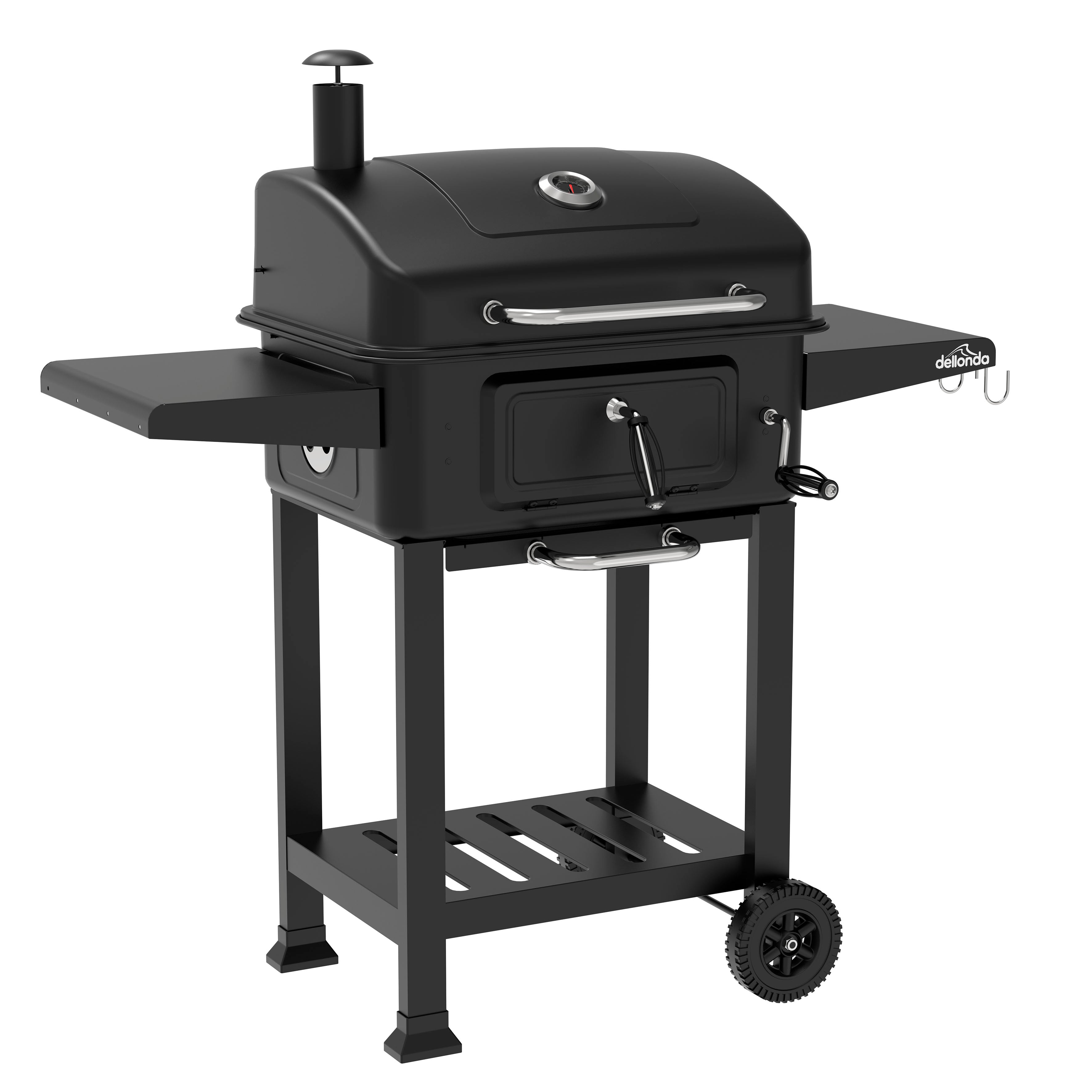 Charcoal Grill BBQ Smoker and Trolley with 2 Side Shelves, Black - DG283