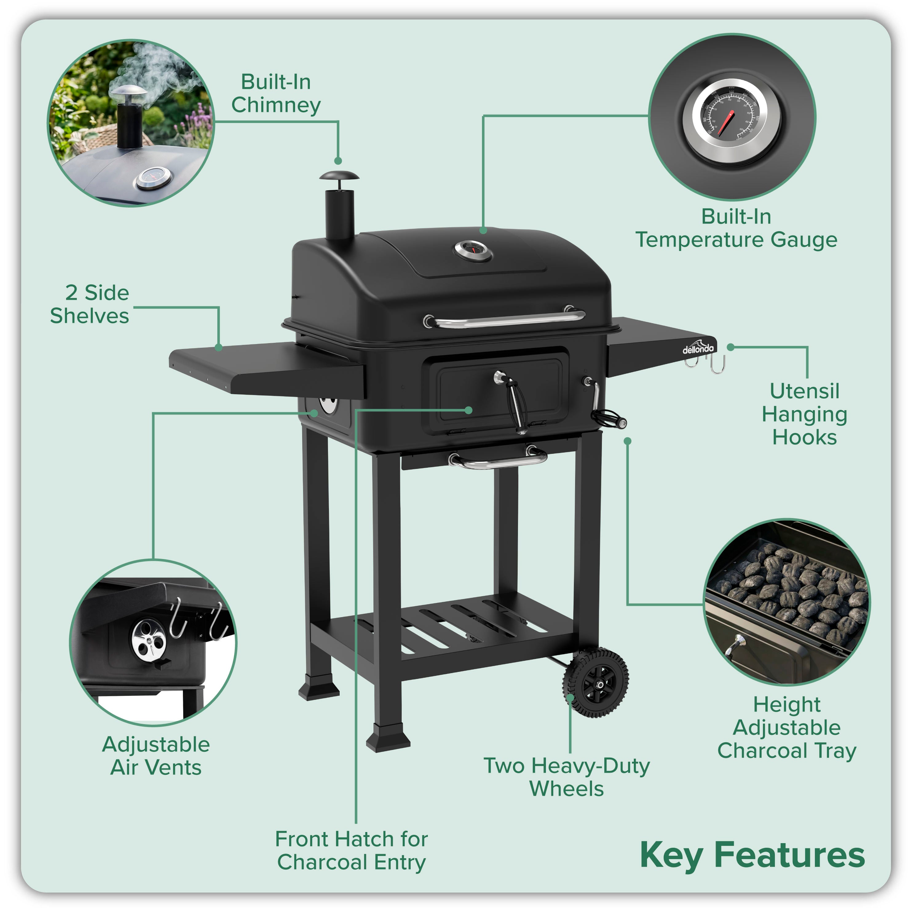 Charcoal Grill BBQ Smoker and Trolley with 2 Side Shelves, Black - DG283