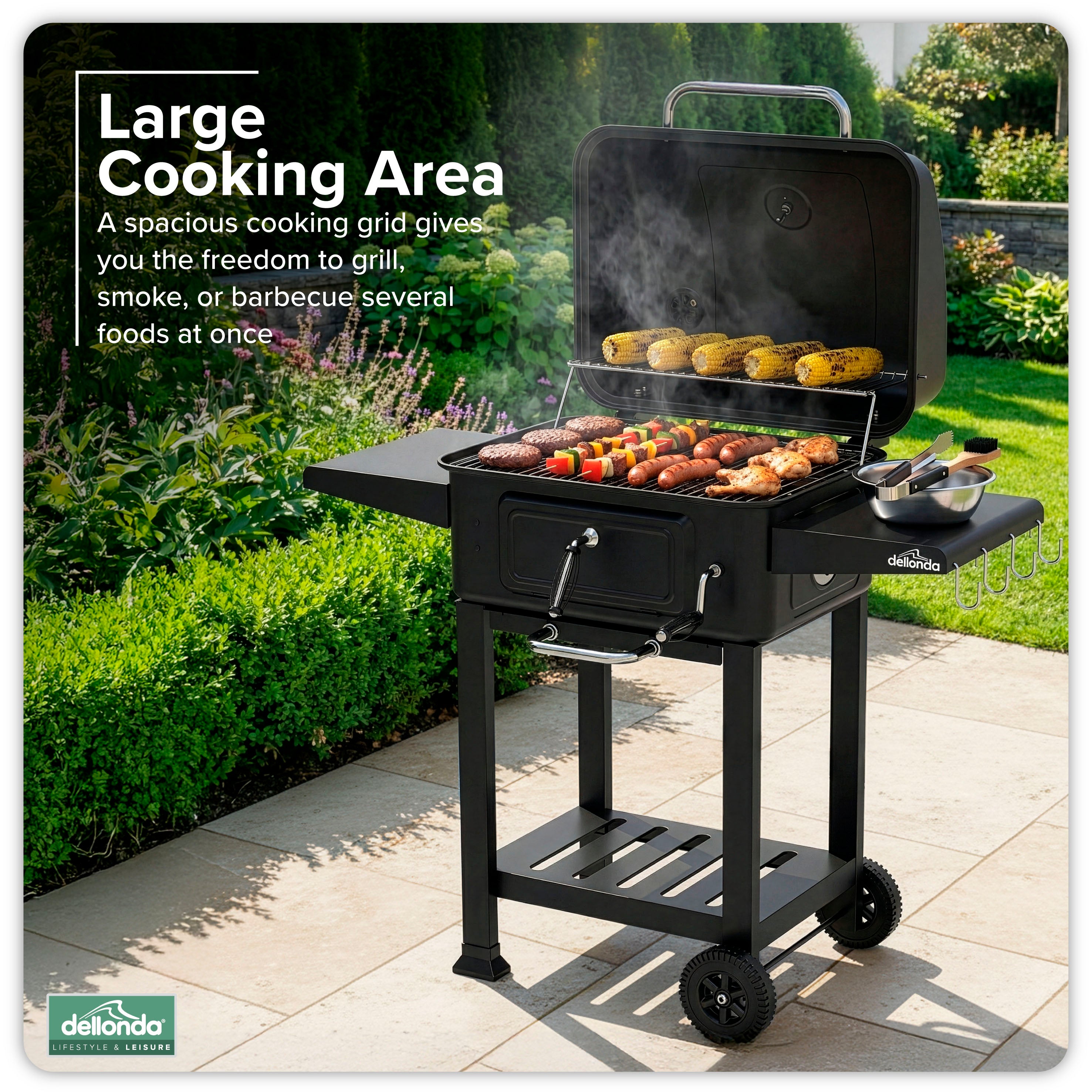 Charcoal Grill BBQ Smoker and Trolley with 2 Side Shelves, Black - DG283