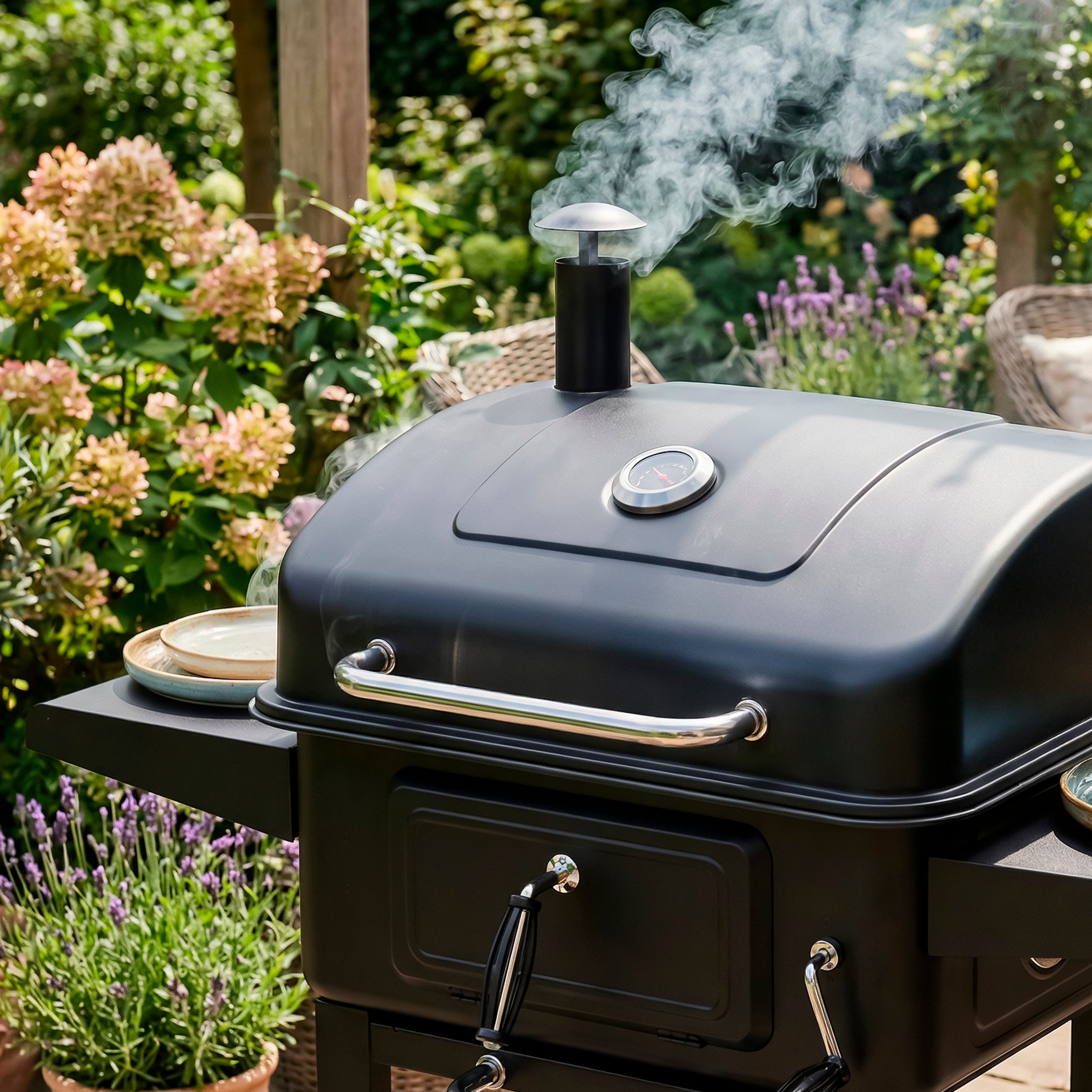Charcoal BBQ Grill & Smoker with Trolley, Thermometer, Warming Rack, 2 Side Shelves & Wheels, Black - DG283