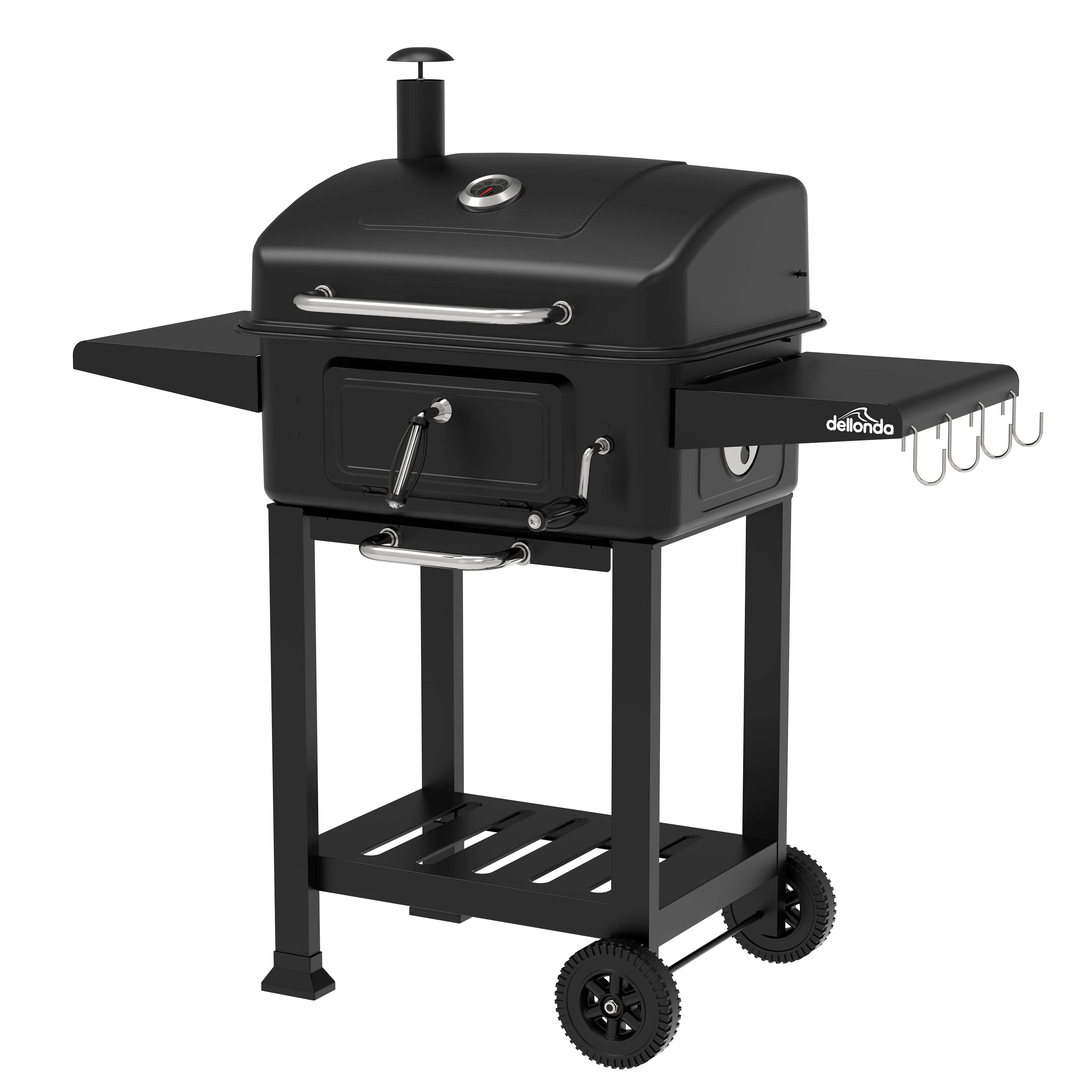 Charcoal Grill BBQ Smoker and Trolley with 2 Side Shelves, Black - DG283