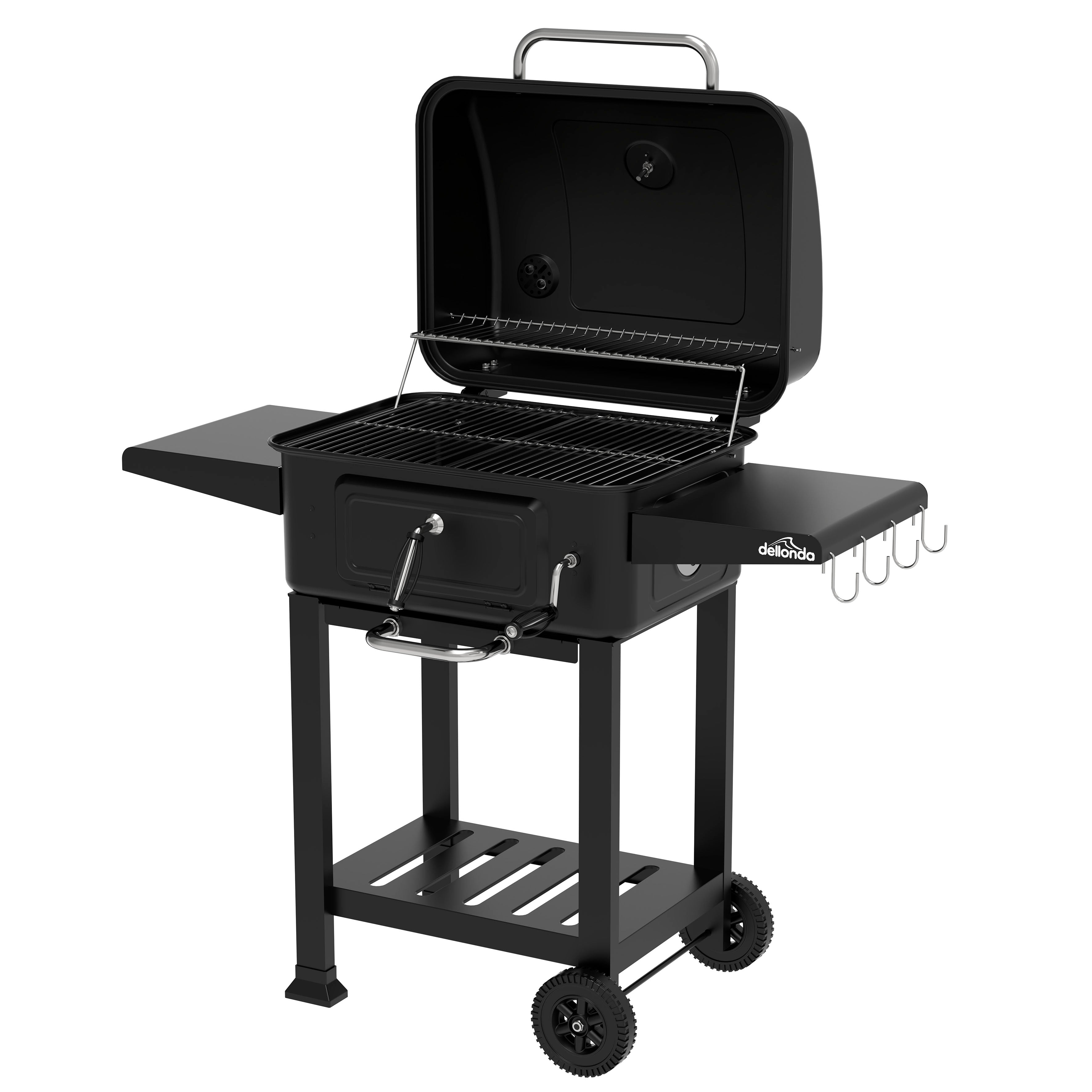 Charcoal Grill BBQ Smoker and Trolley with 2 Side Shelves, Black - DG283