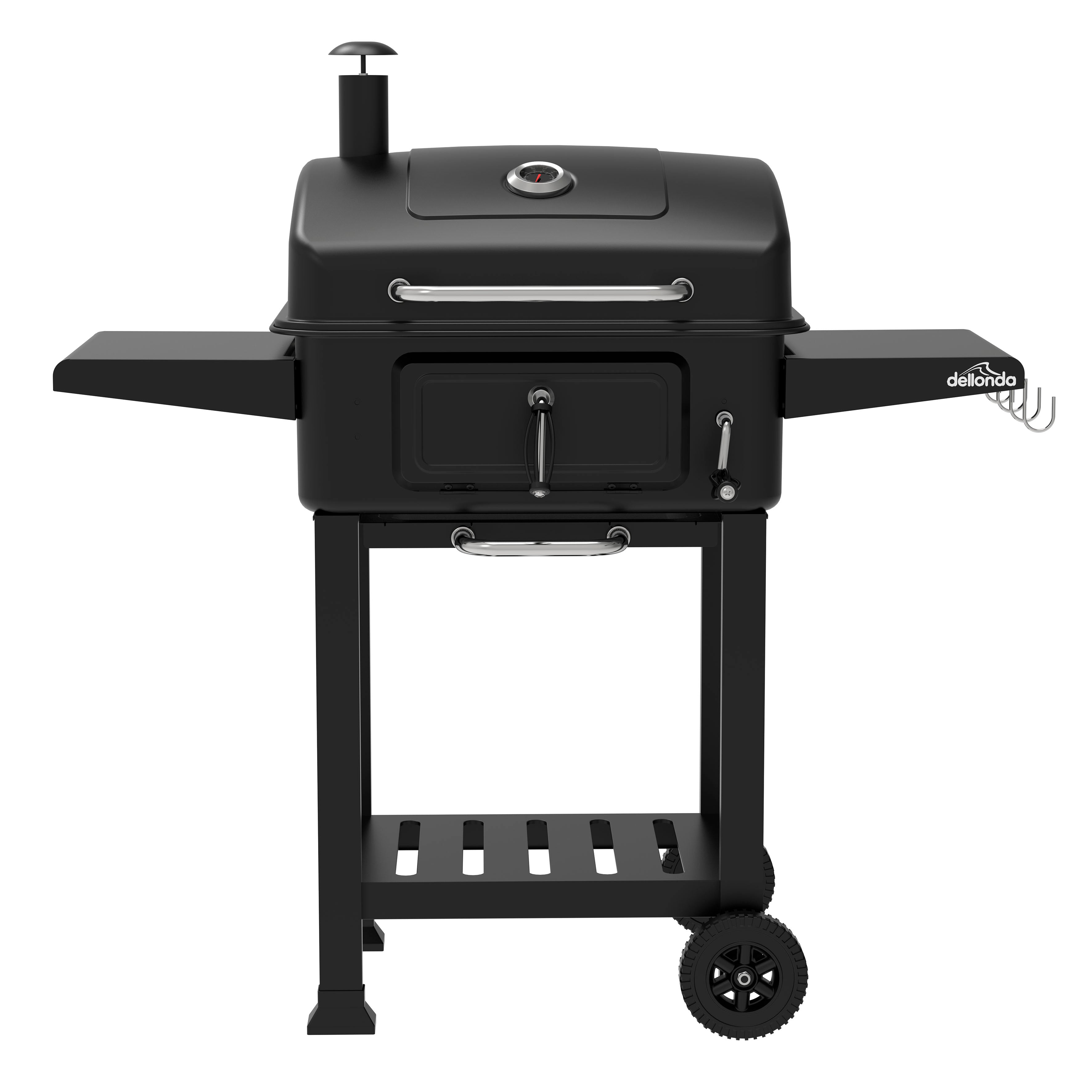 Charcoal Grill BBQ Smoker and Trolley with 2 Side Shelves, Black - DG283