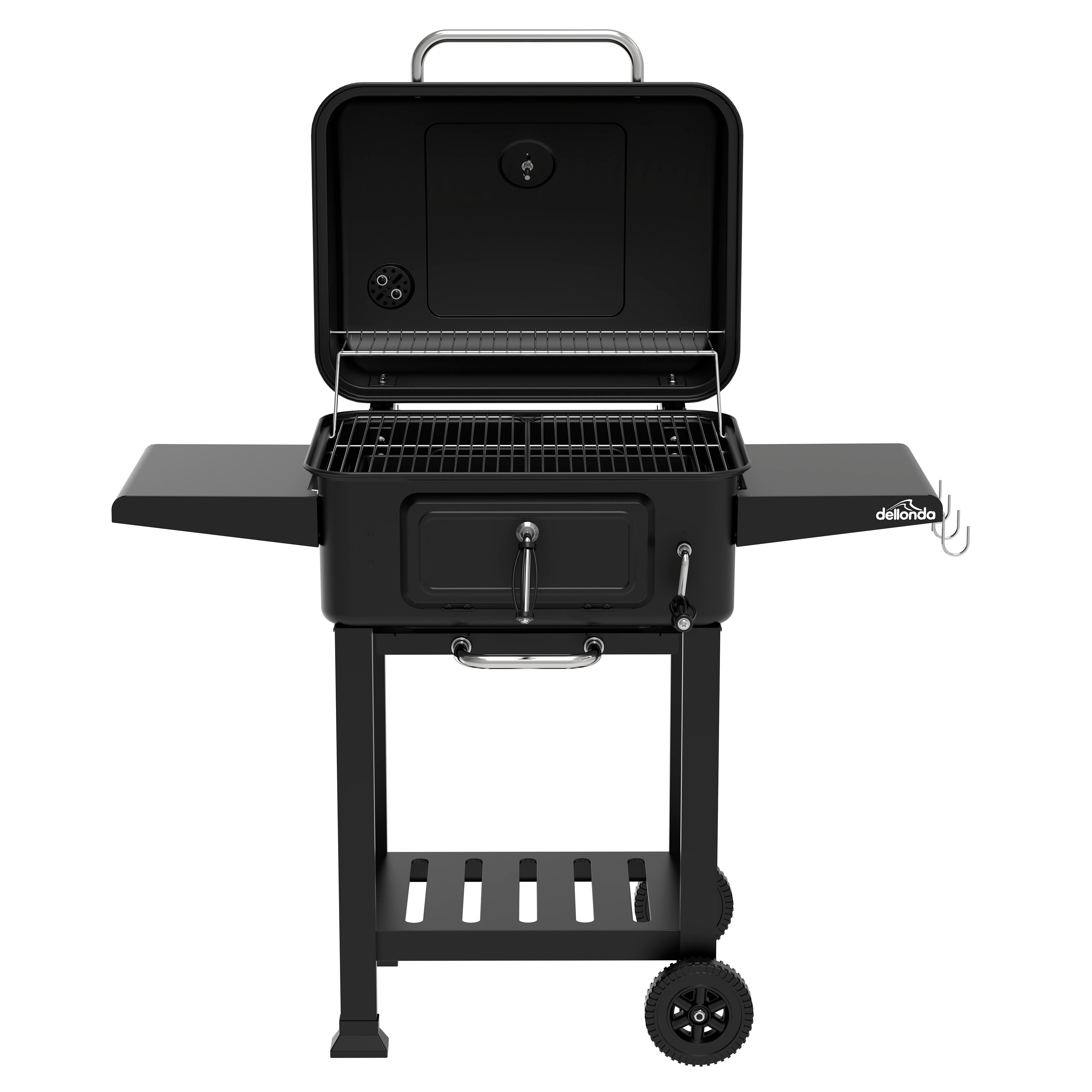 Charcoal Grill BBQ Smoker and Trolley with 2 Side Shelves, Black - DG283