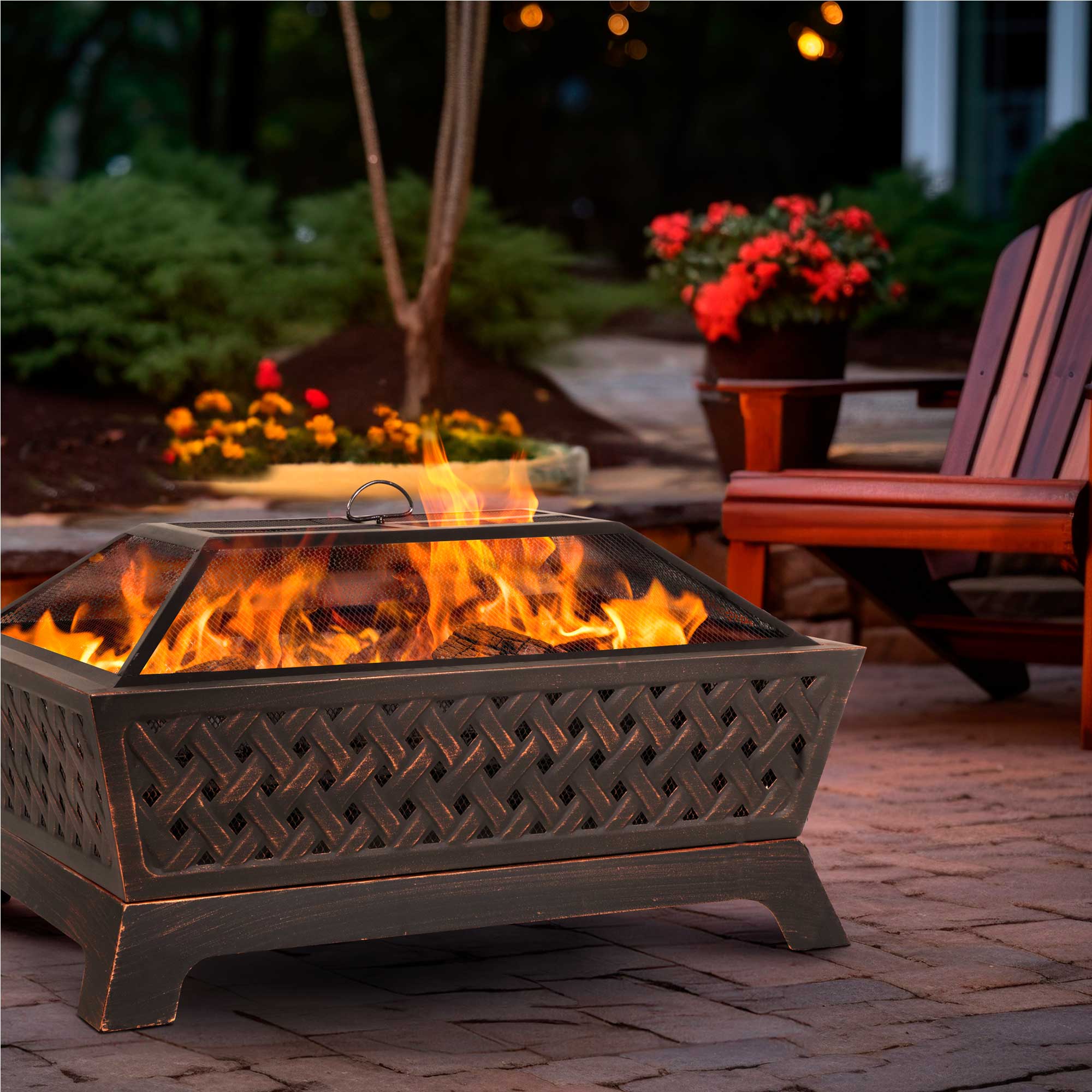 35" Rectangular Outdoor Fire Pit, Antique Bronze Effect & Water Resistant Drawstring Cover - DG239