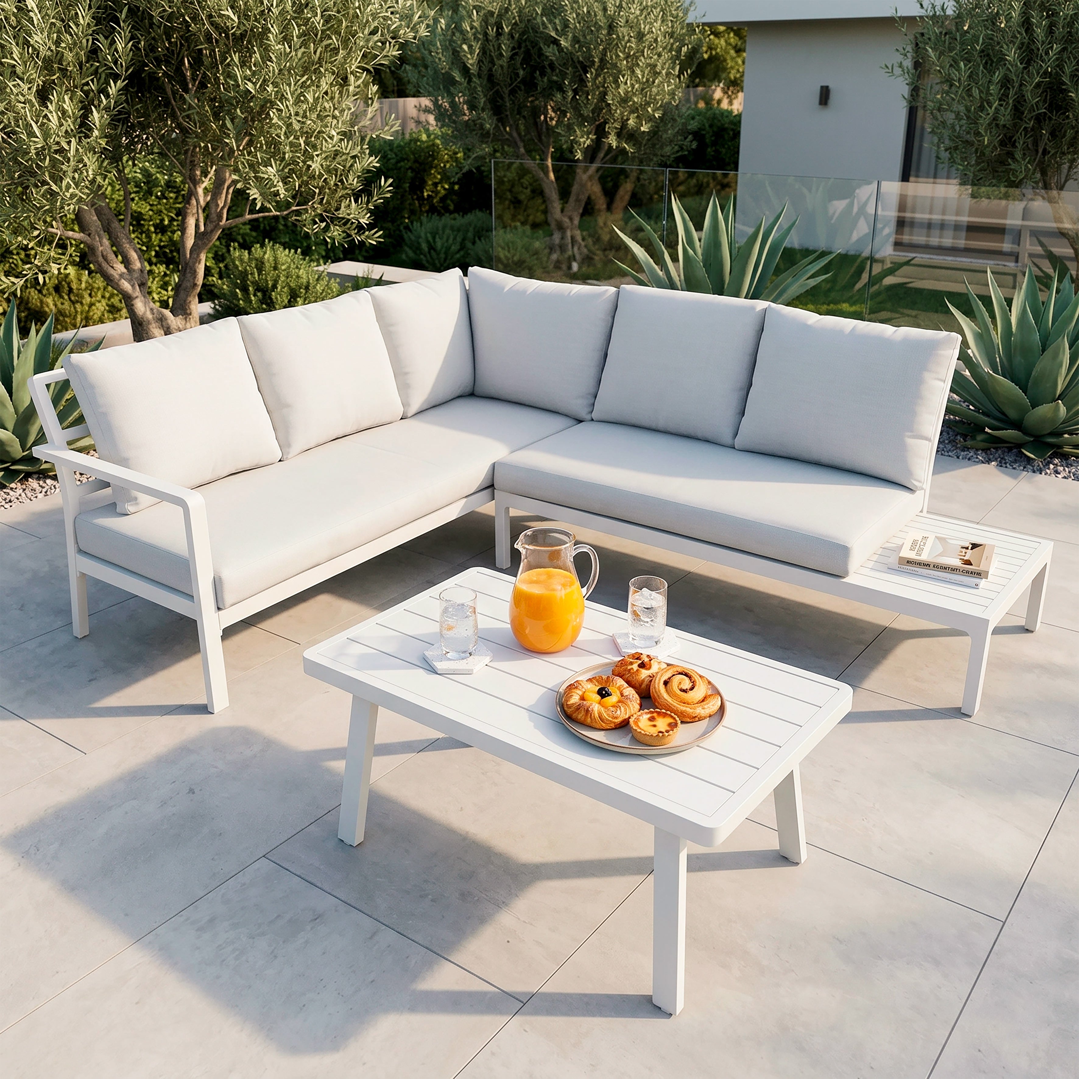 Kyoto 3 Piece Outdoor Corner Sofa & Coffee Table Set, White - DG53