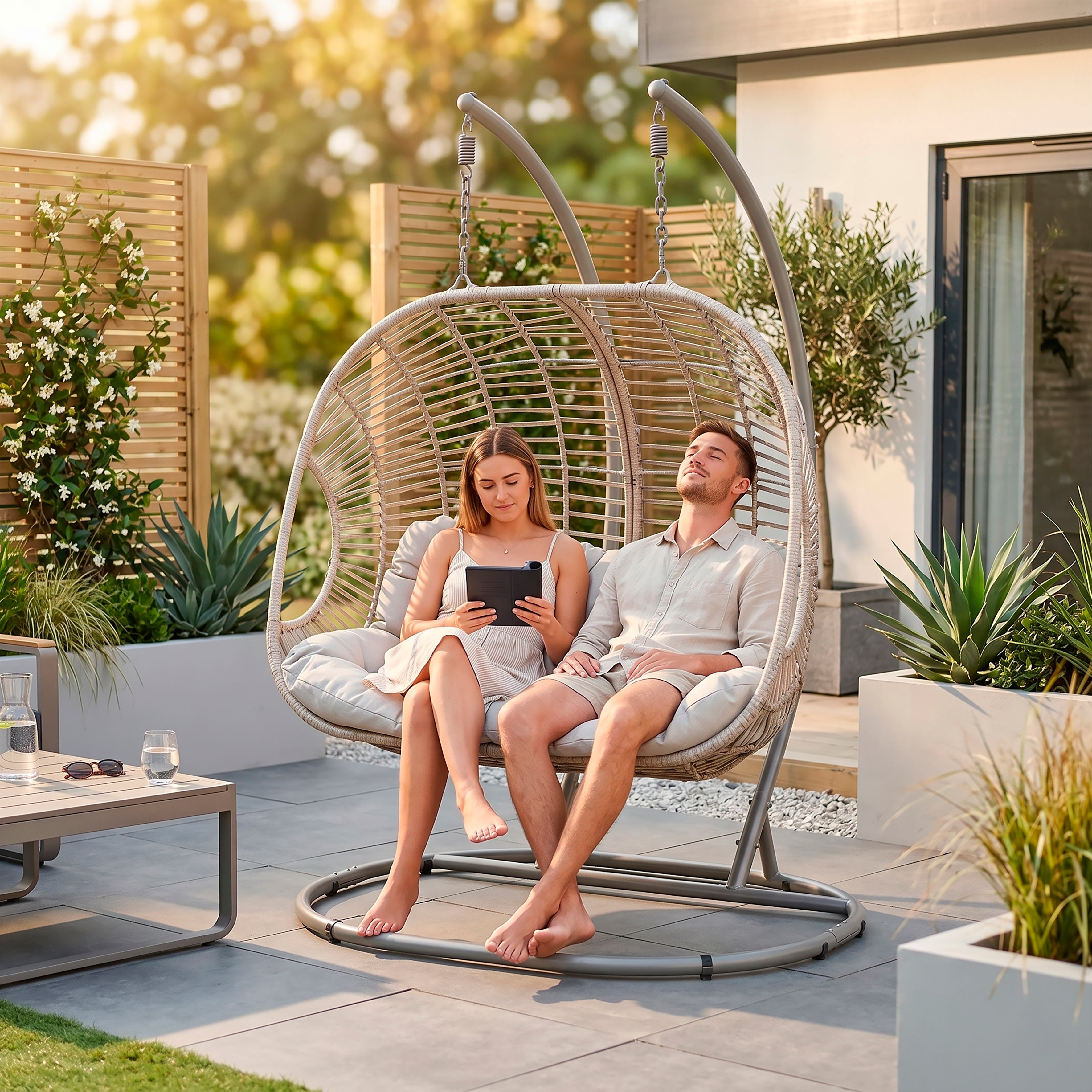 Egg Hanging Double Swing Chair, Wicker Rattan Basket & Steel Frame - DG61