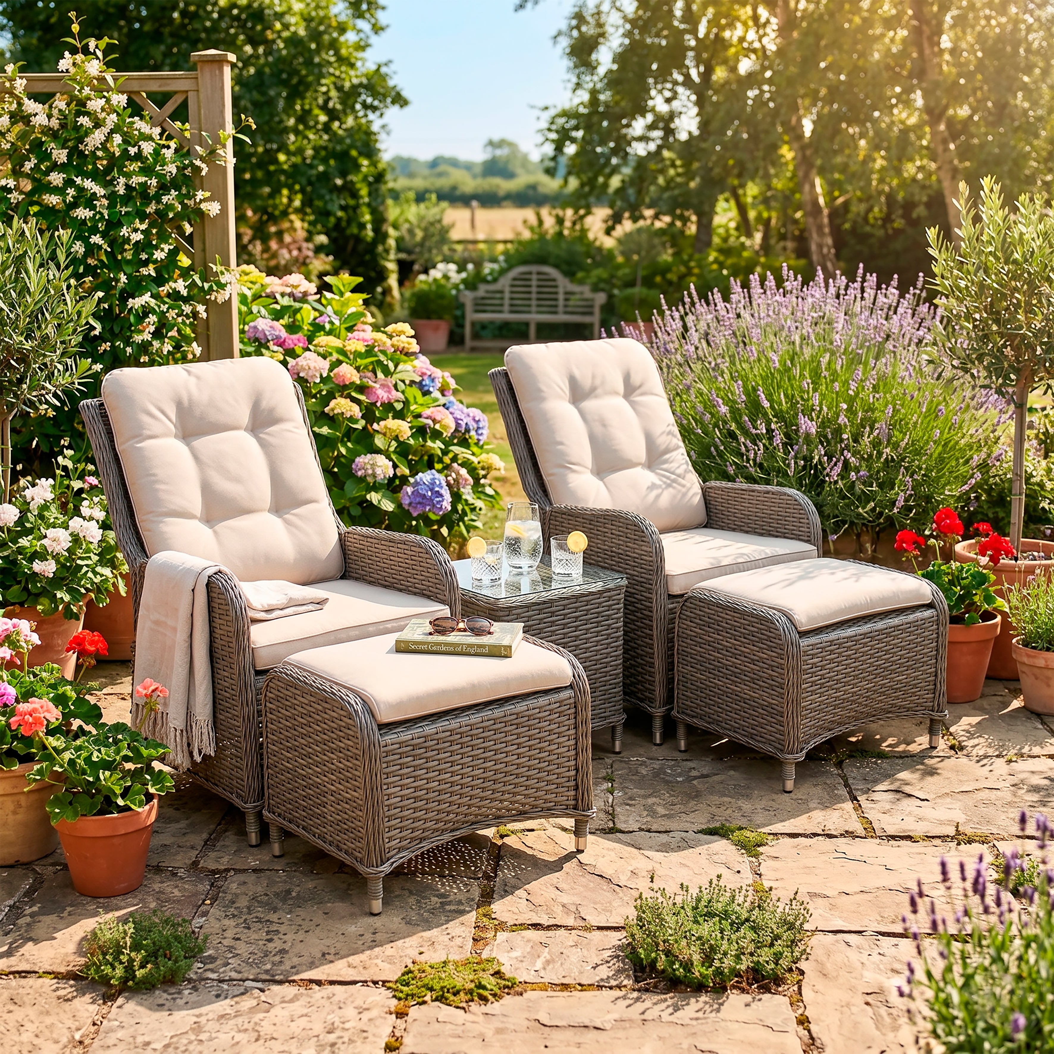 Chester Rattan Wicker Outdoor Recliner Seat & Coffee Table Set, Brown - DG68