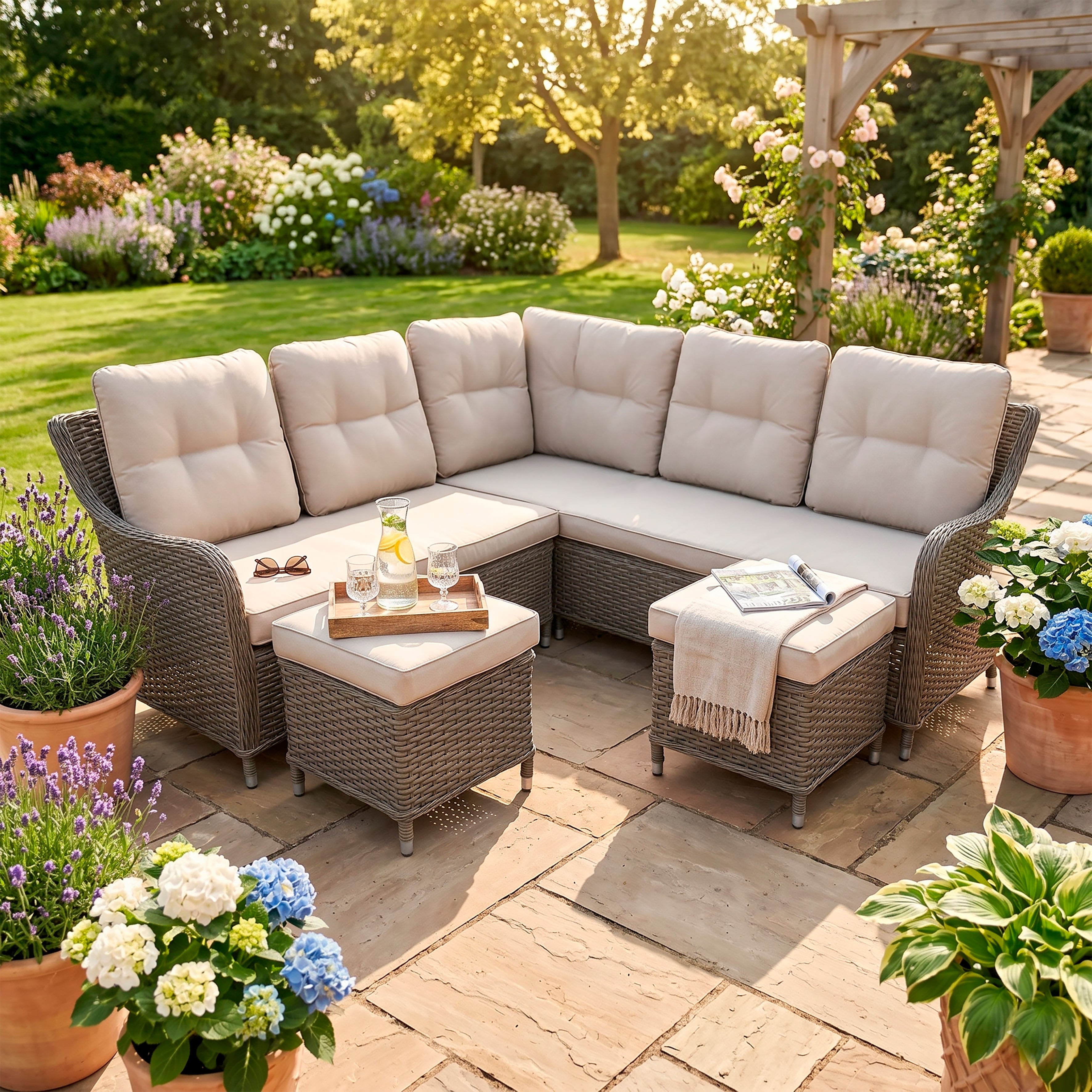 Chester Rattan Wicker Outdoor 5-Seater Corner Sofa Set - Brown - DG72