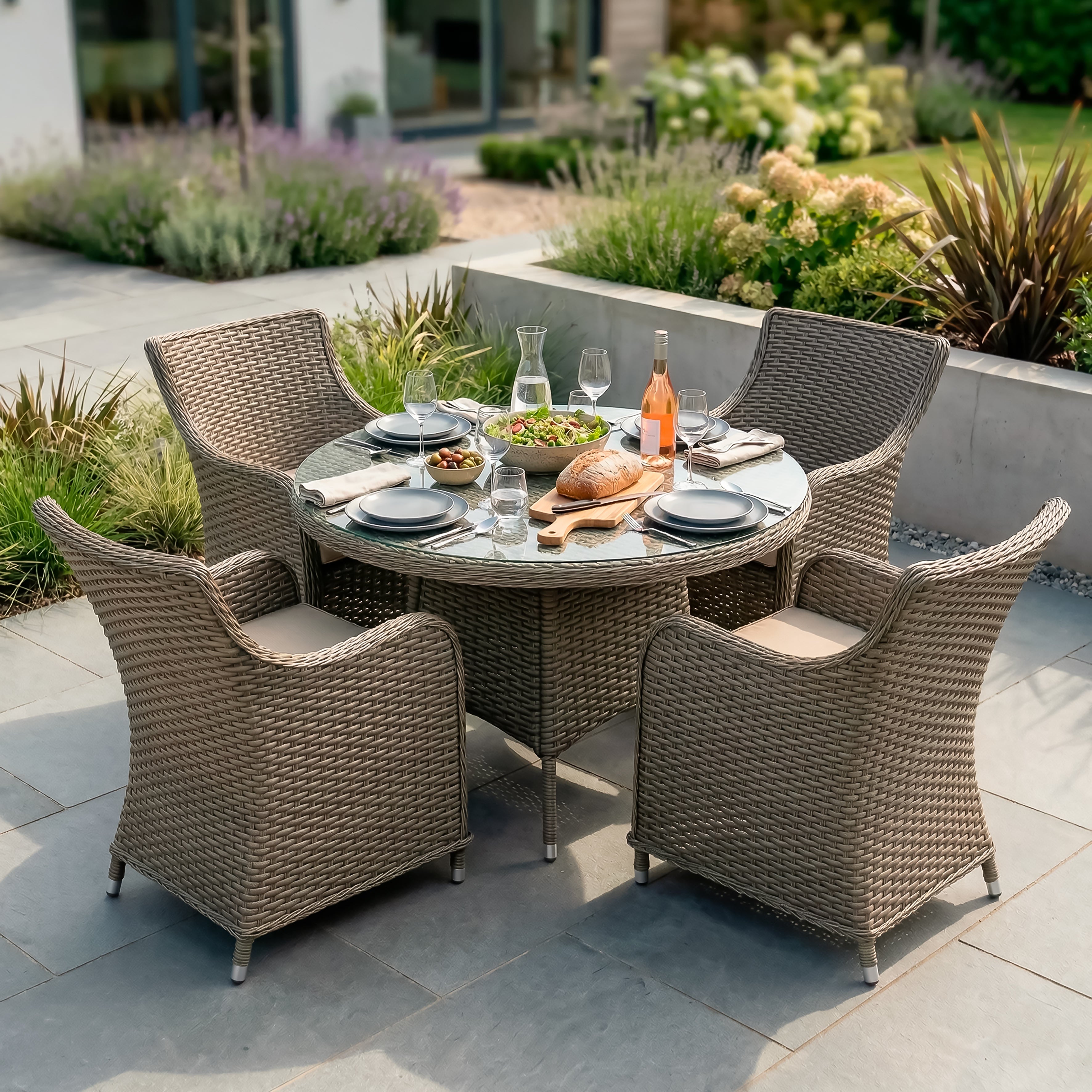 Chester 5-Piece Rattan Wicker Outdoor Dining Set with Tempered Glass Table Top, Brown - DG84