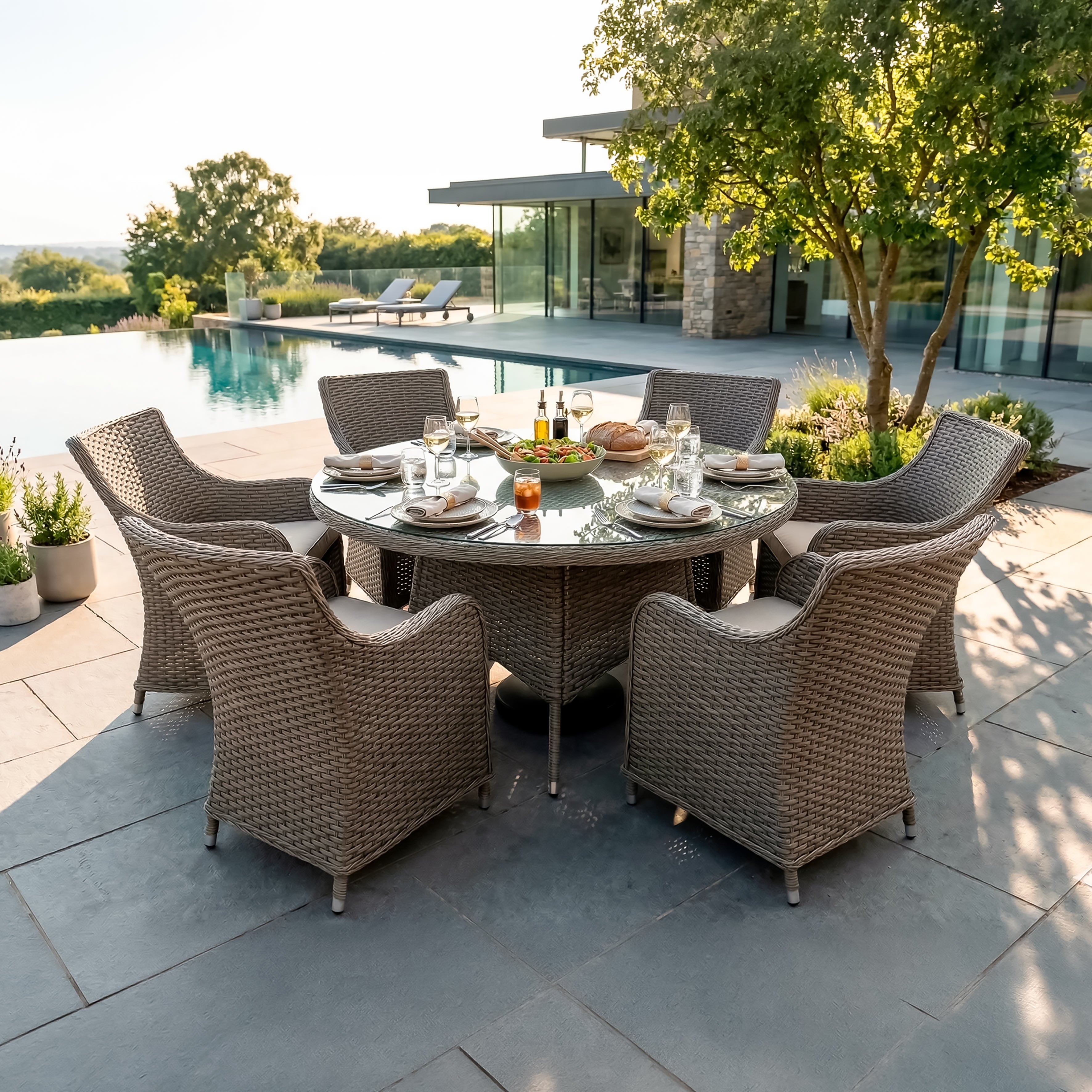 Chester 7 Piece Rattan Wicker Outdoor Dining Set with Tempered Glass Table Top, Brown - DG85