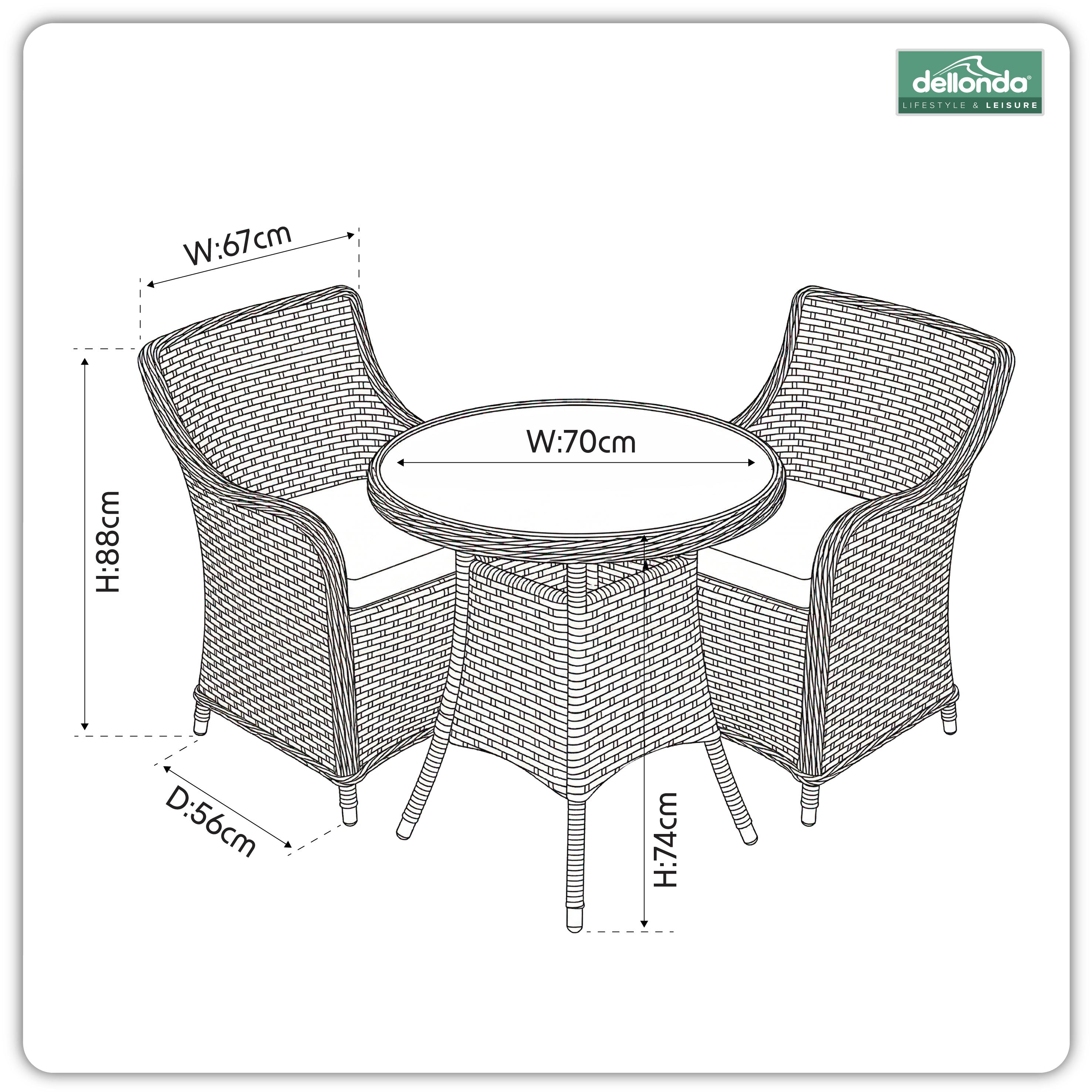 Chester 3 Piece Rattan Wicker Outdoor Dining Set with Tempered Glass Table Top, Brown - DG86