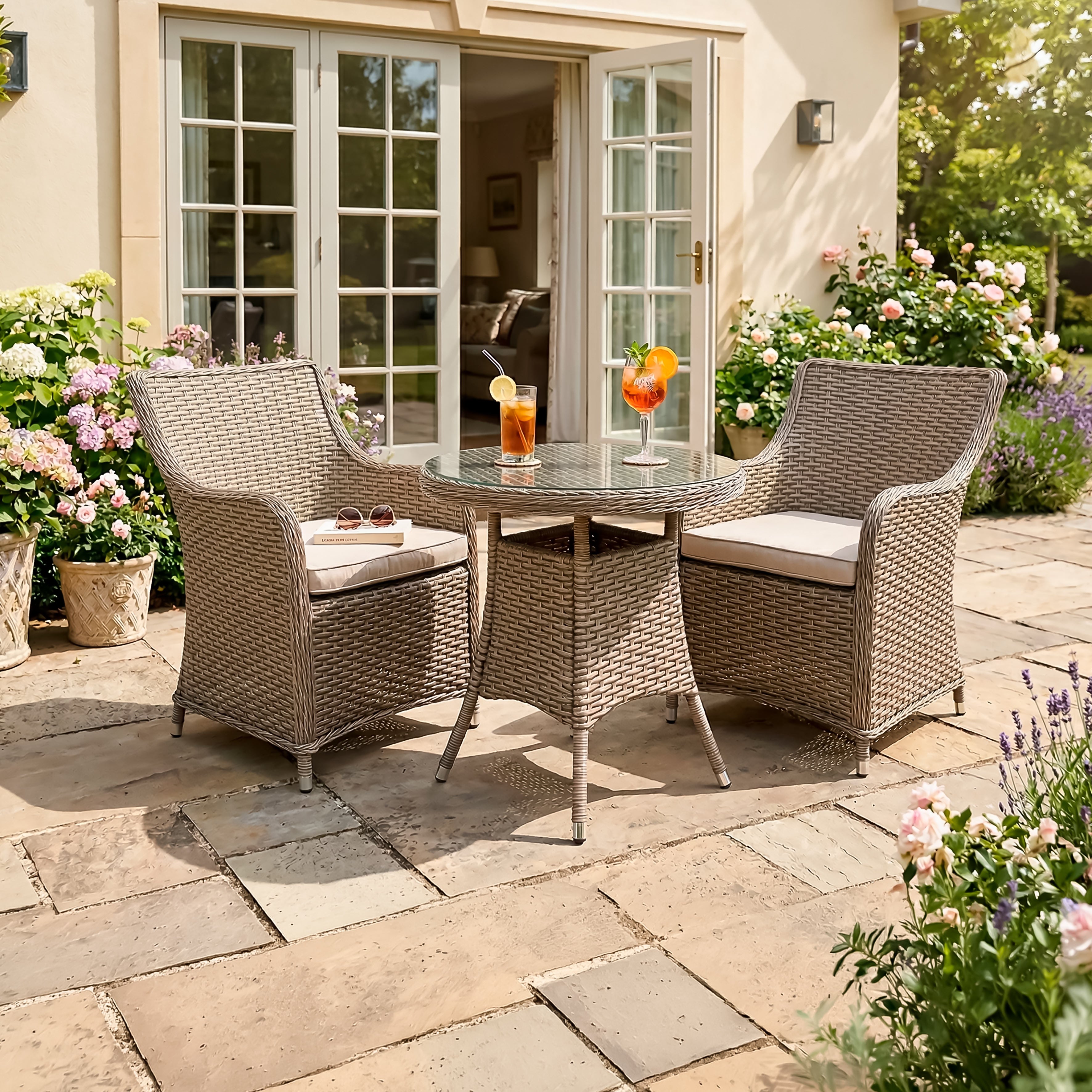 Chester 3 Piece Rattan Wicker Outdoor Dining Set with Tempered Glass Table Top, Brown - DG86