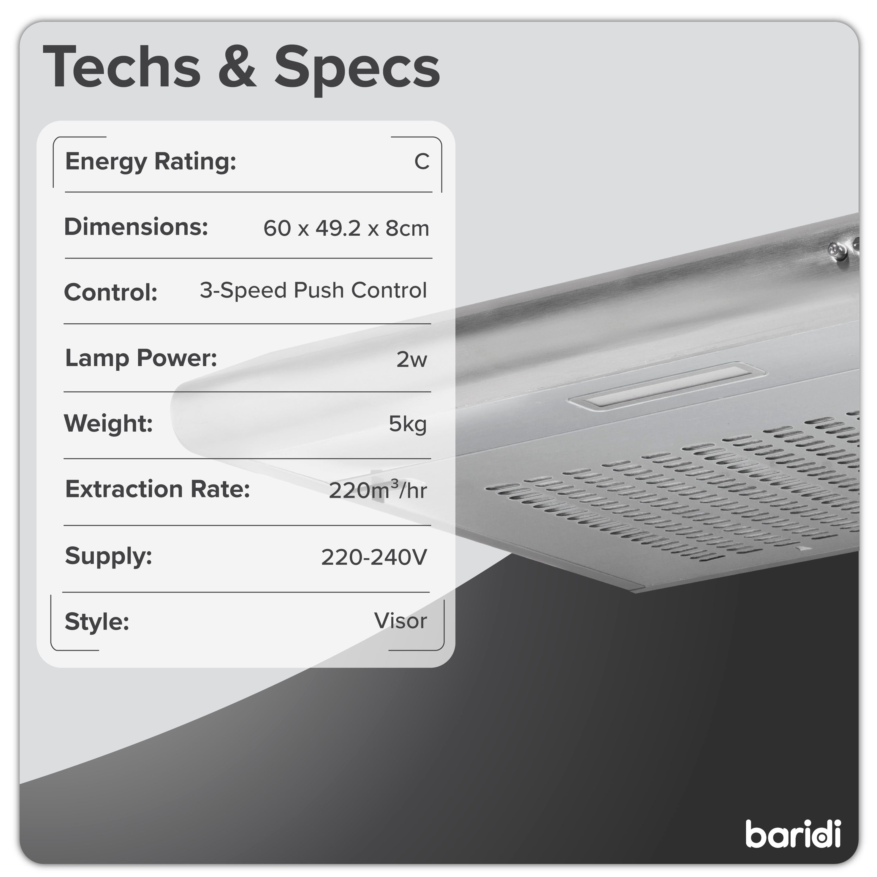 Baridi 60cm Visor Cooker Hood Extractor Fan for Undercabinets, Stainless Steel - DH108