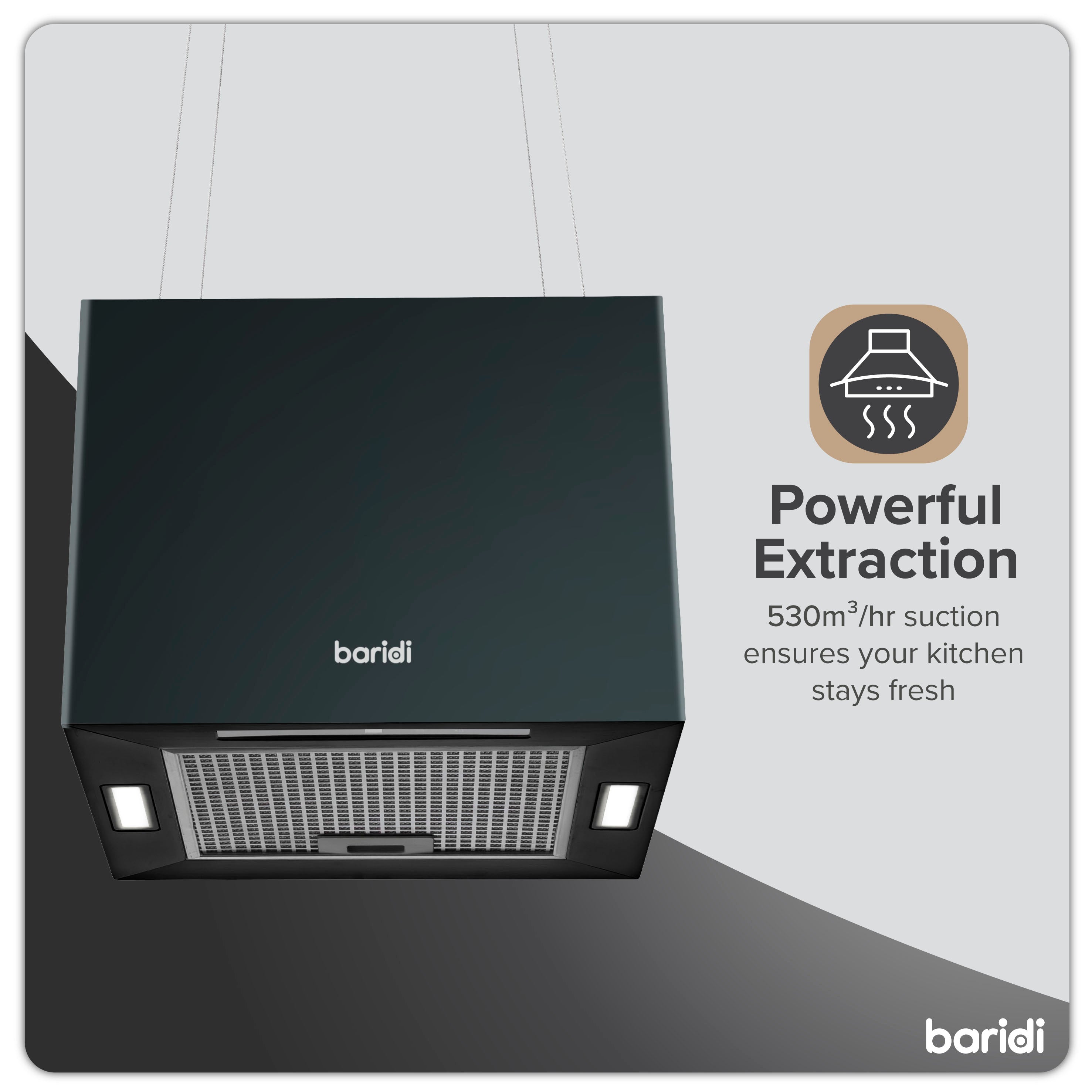 Baridi Island Cooker Hood, Square, 40cm, 3-Speed, Black - DH109
