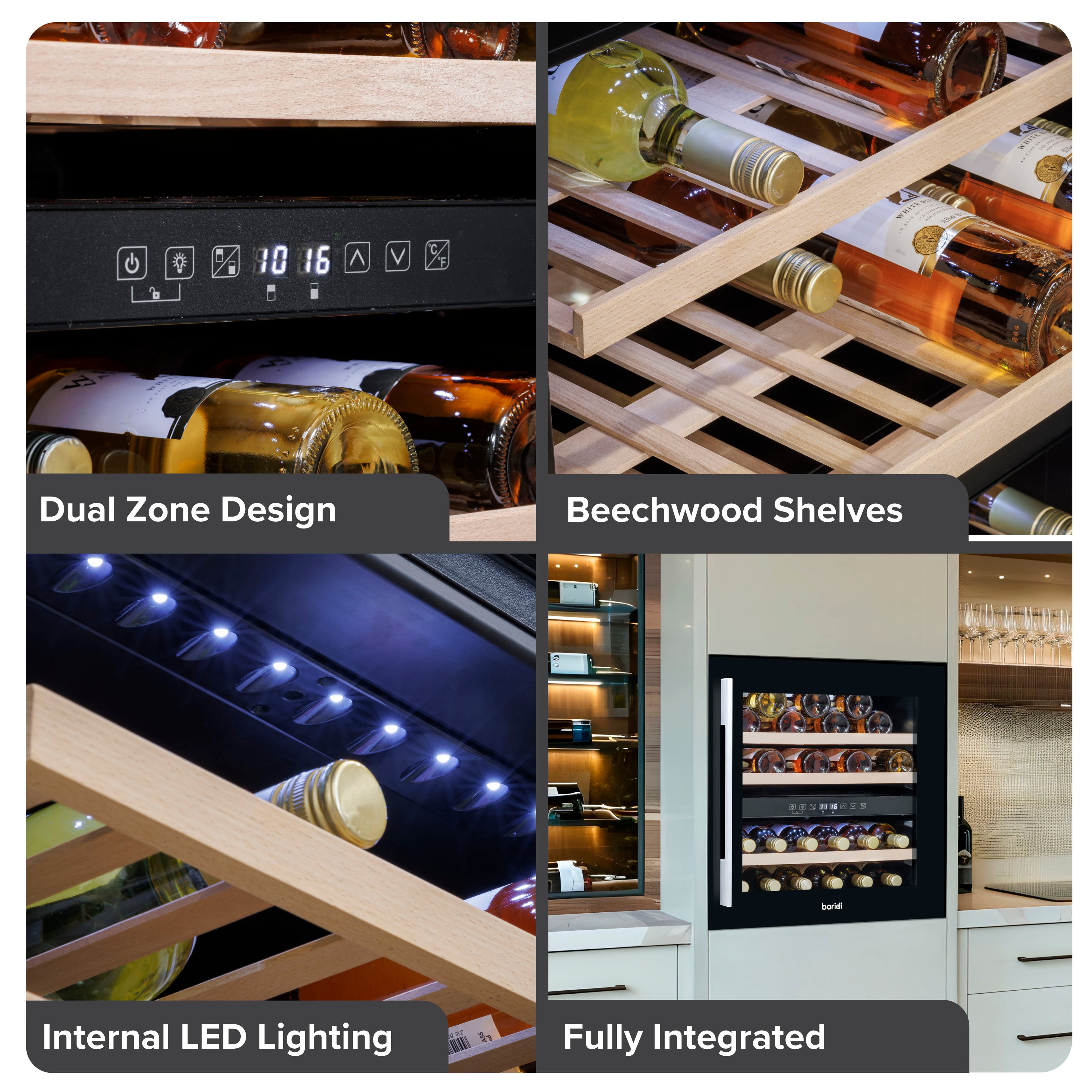 Baridi 60cm Built-In 36 Bottle Dual Zone Wine Cooler with Beech Wood Shelves - Black - DH117