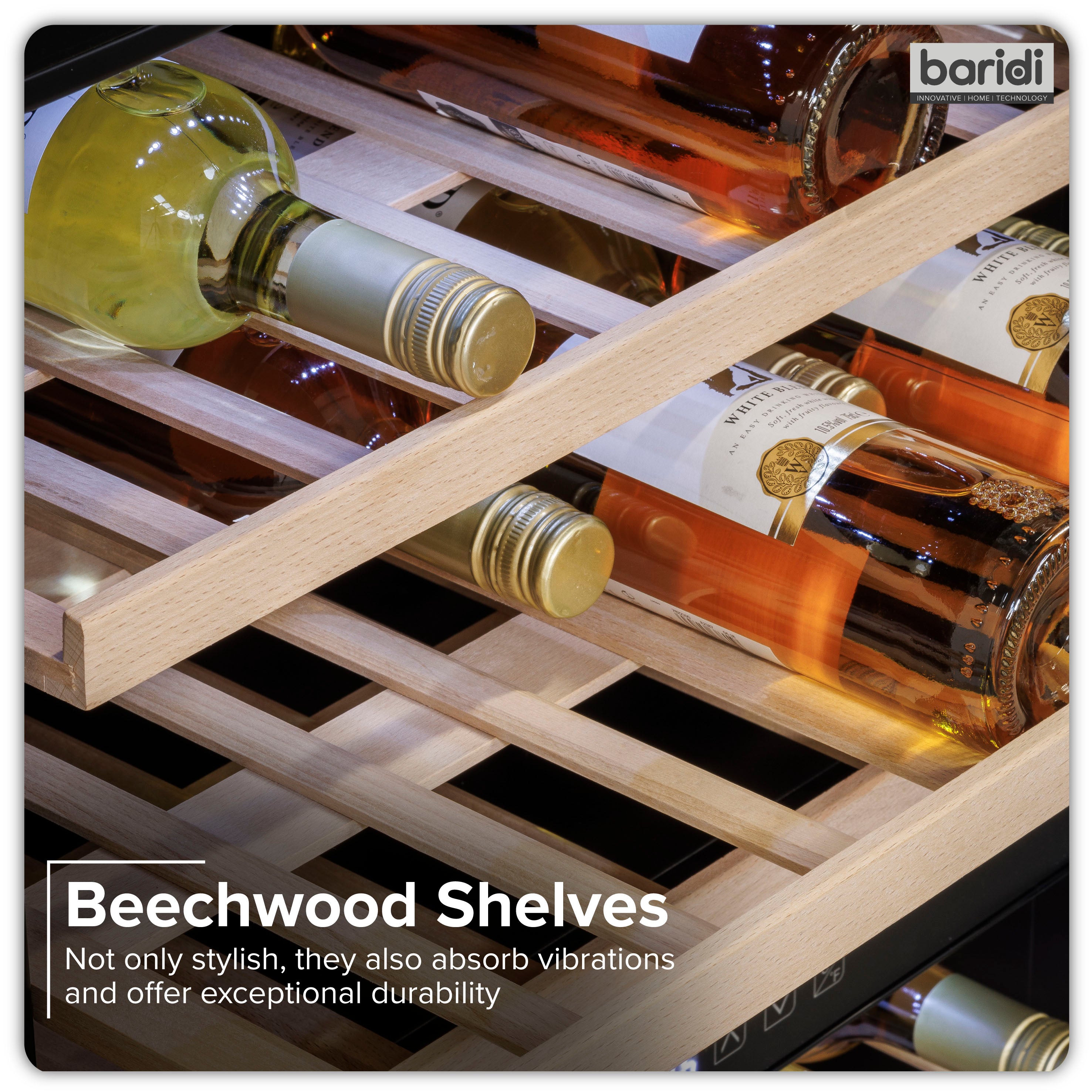 Baridi 60cm Built-In 57 Bottle Dual Zone Wine Cooler with Beech Wood Shelves - Black - DH118