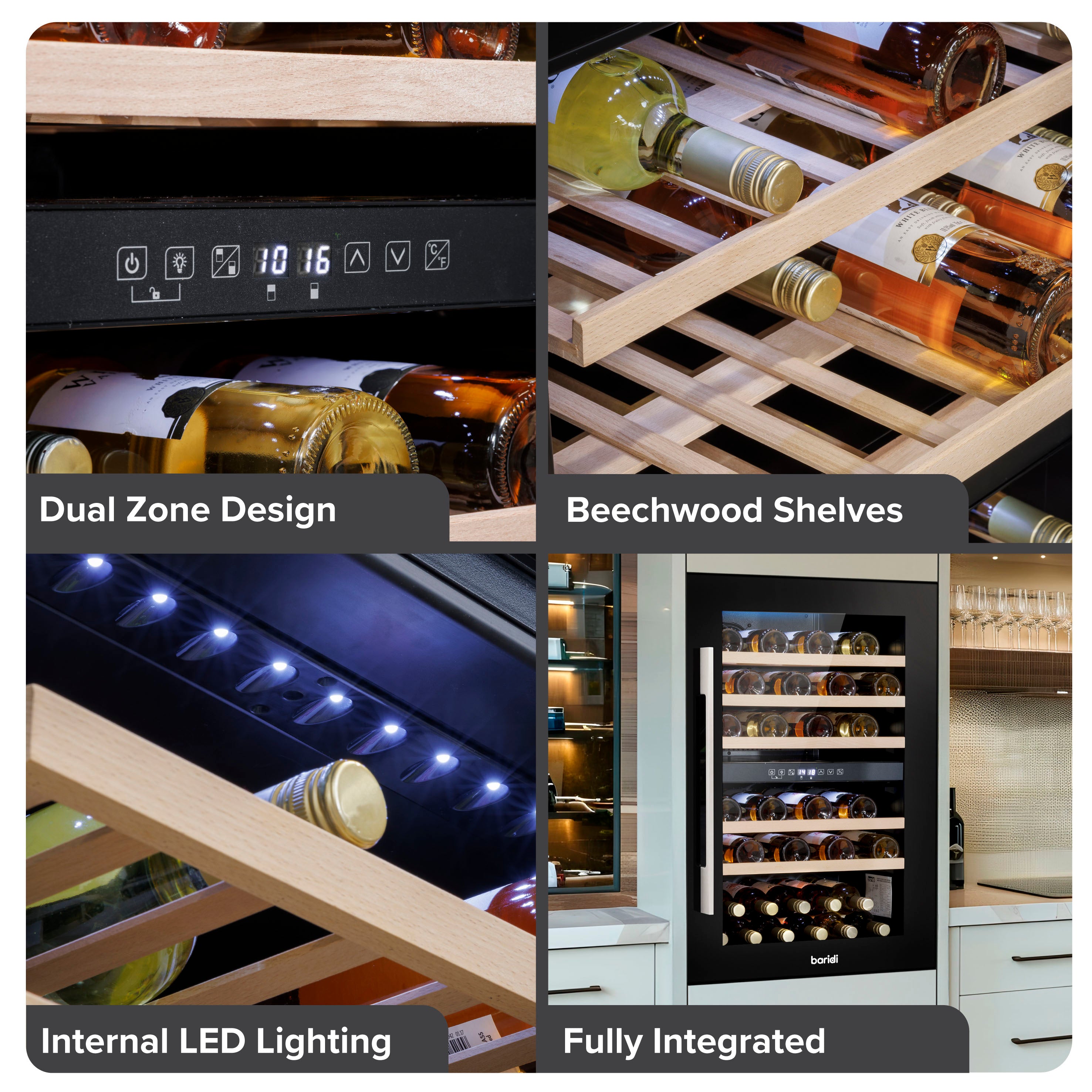Baridi 60cm Built-In 57 Bottle Dual Zone Wine Cooler with Beech Wood Shelves - Black - DH118